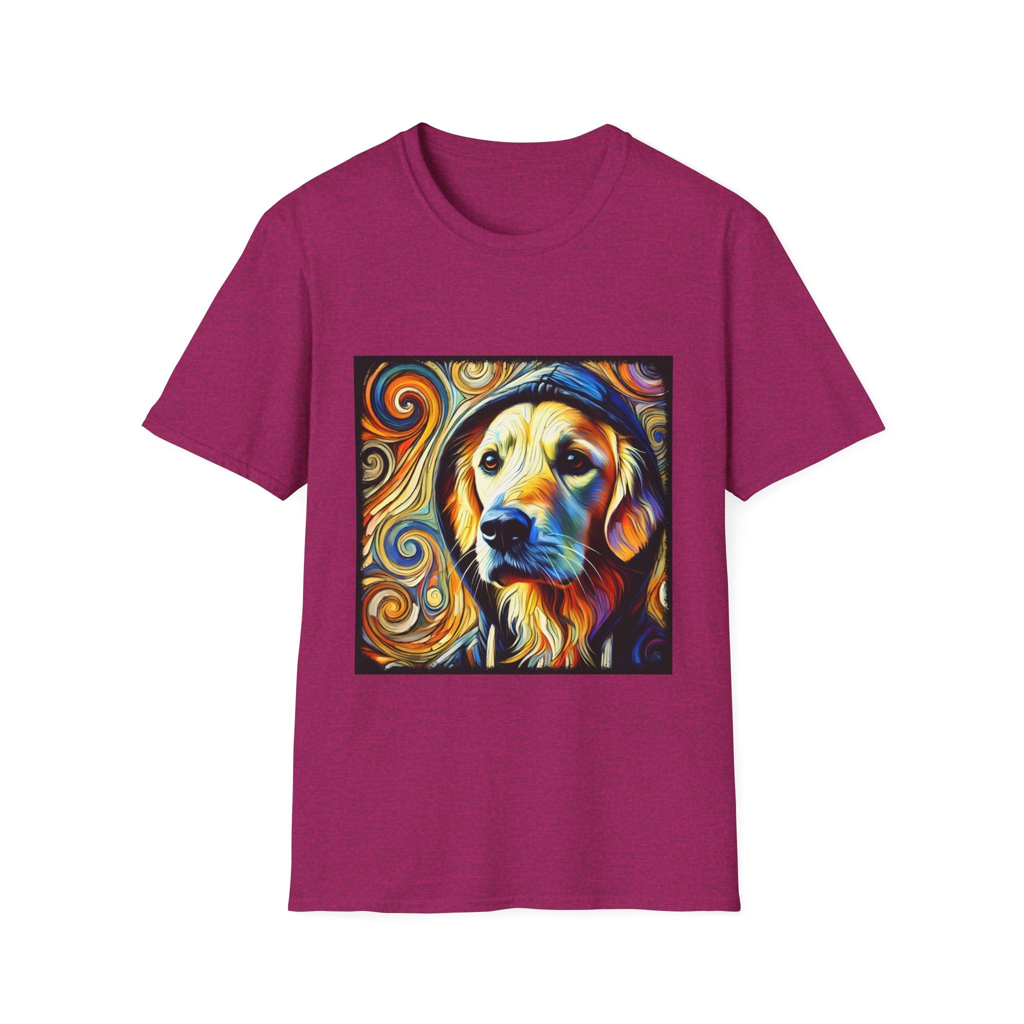 Heather raspberry dog t-shirt with golden retriever in hoodie, swirled background in orange, yellow, and teal tones.