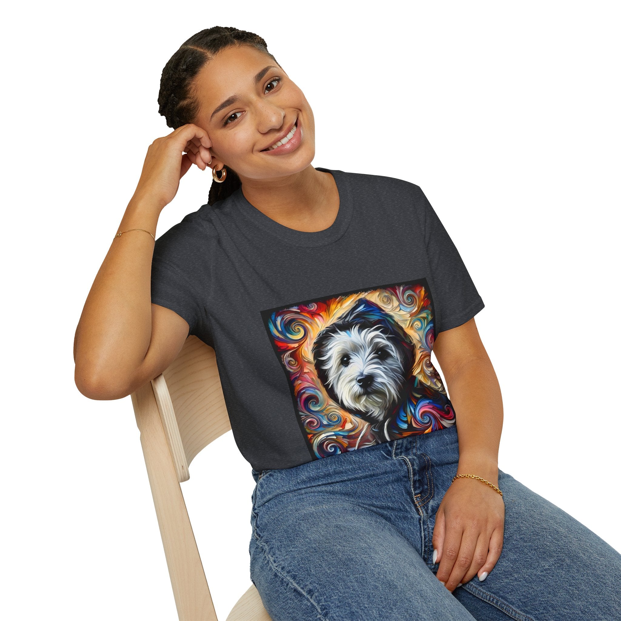 Female model in dark heather gray dog t-shirt featuring Westie in black hoodie with swirling red blue orange and gold background.