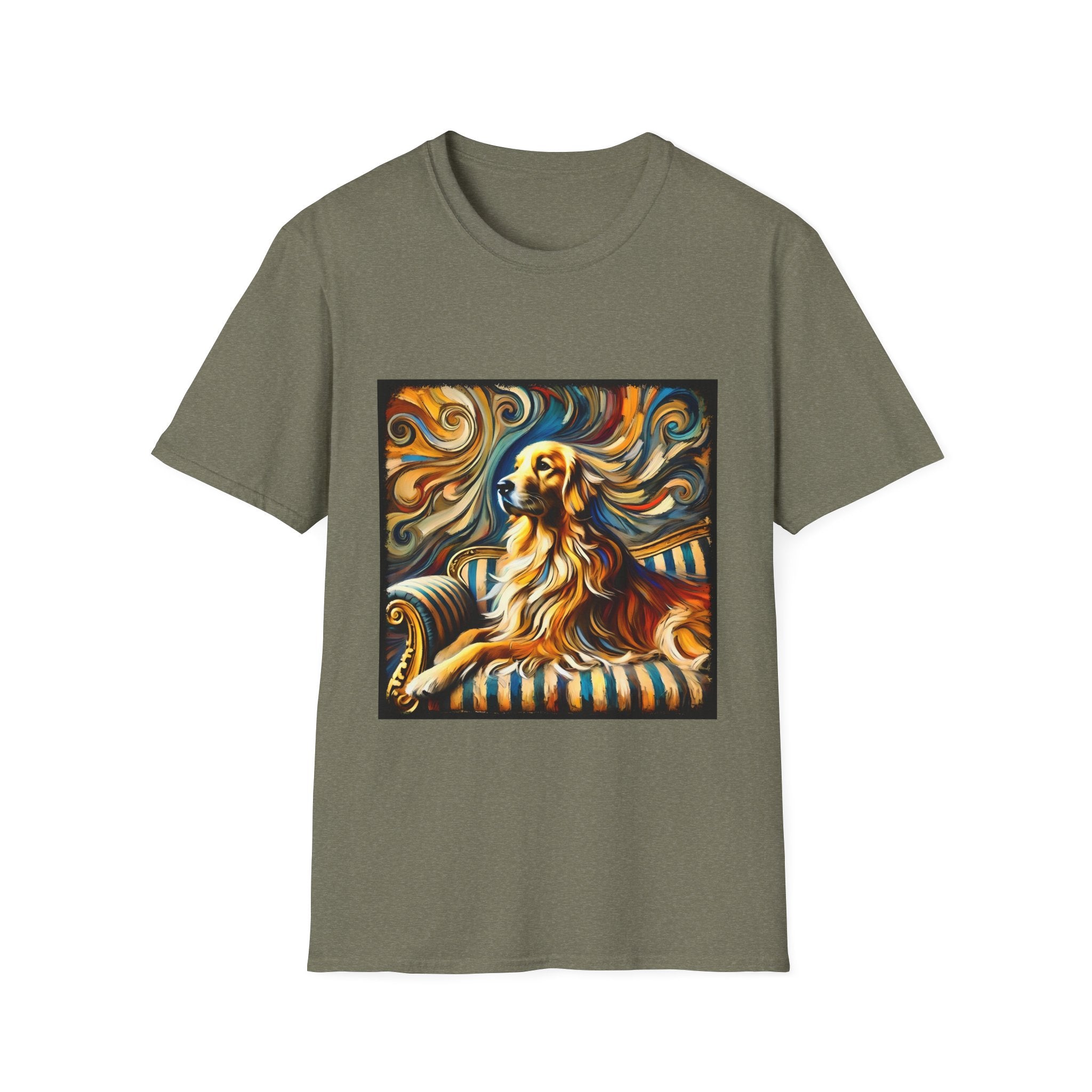 Heather military green dog t-shirt featuring golden retriever on striped settee with swirling abstract background in golds.