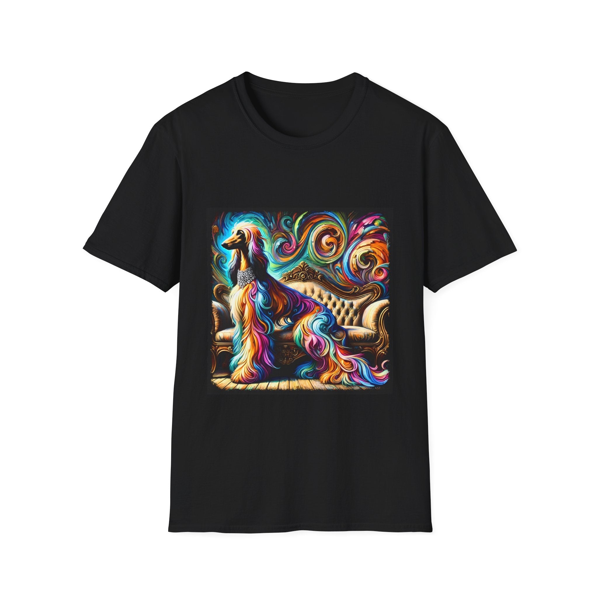 front view of black dog t-shirt of Afghan Hound dog sitting before ornate settee, colorful swirling fur and vivid abstract background.