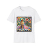 White dog t-shirt featuring golden retriever in pink-and-purple gown surrounded by vibrant tropical flowers.