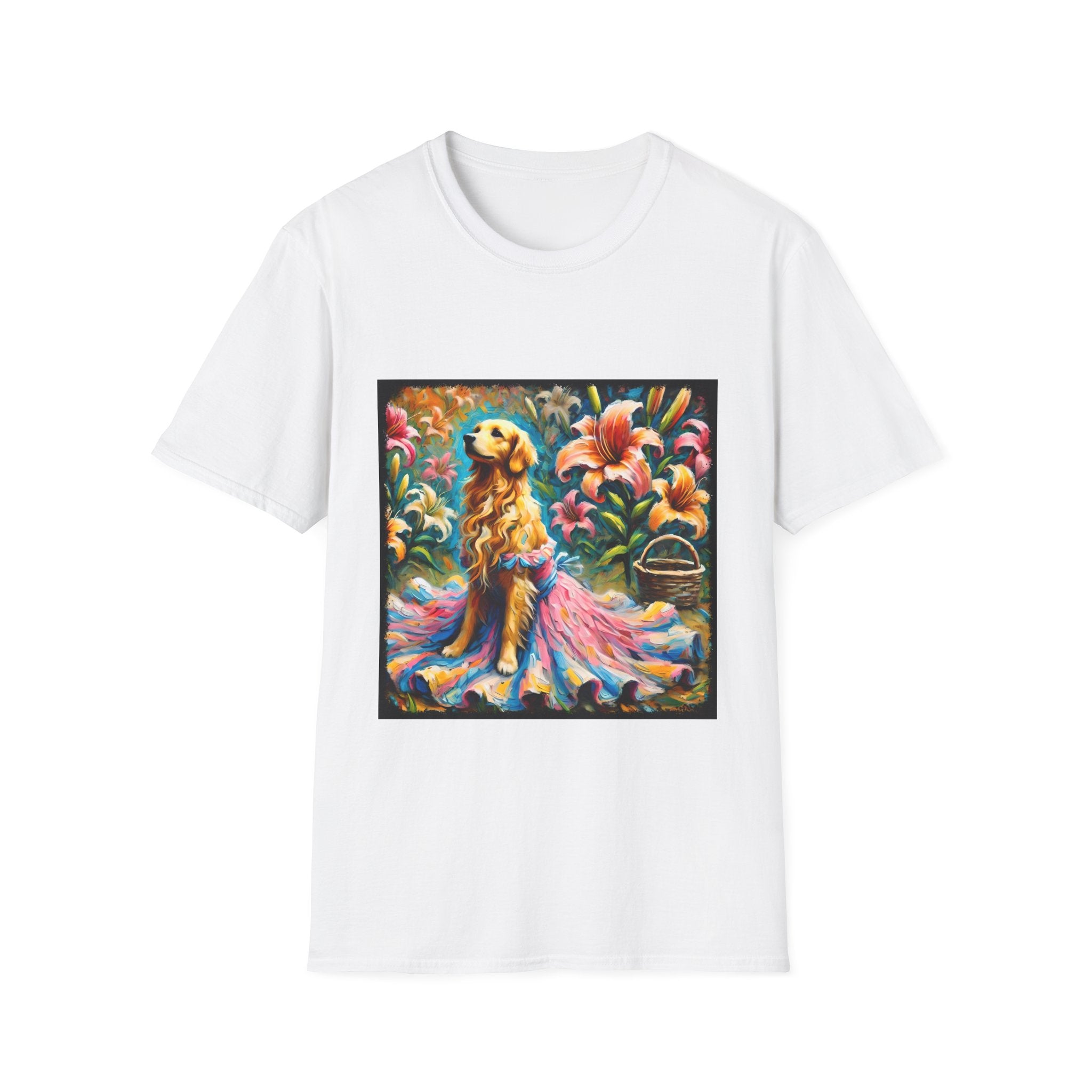 White dog t-shirt featuring golden retriever in pink-and-purple gown surrounded by vibrant tropical flowers.