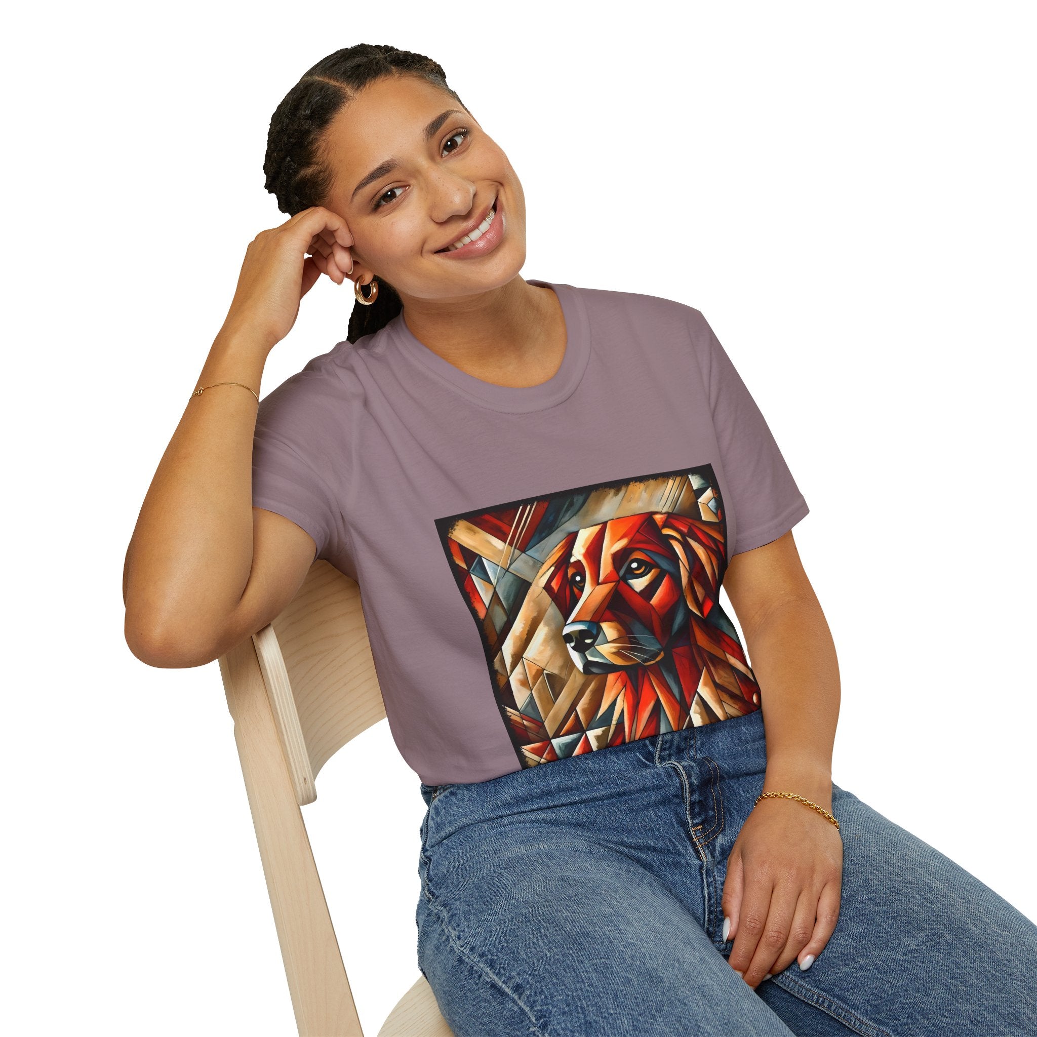 Female sitting in mauve dog t-shirt featuring red geometric golden retriever portrait in cubist style with bold angles.
