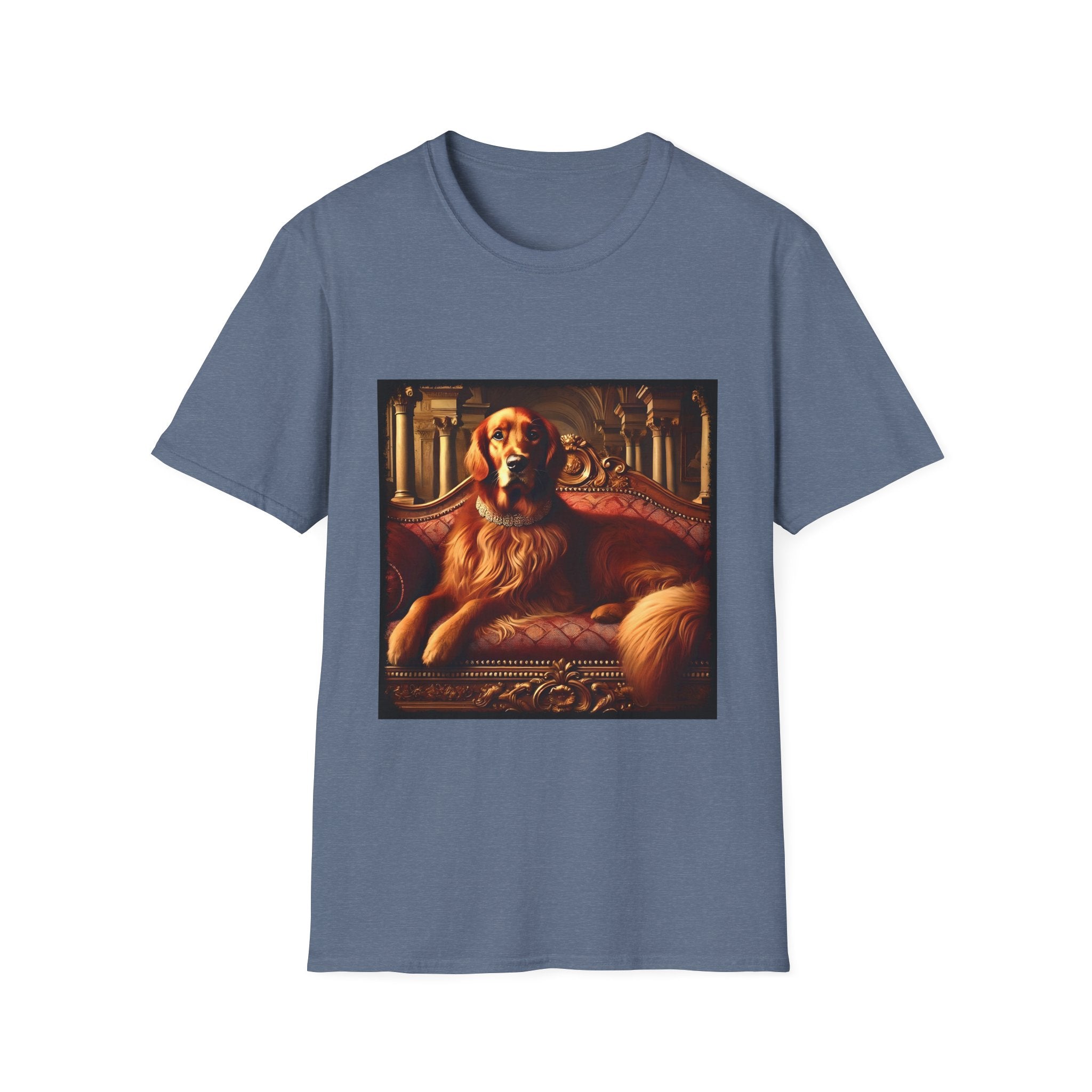 Heather indigo dog t-shirt with golden retriever on red settee, pearl collar, and regal columned backdrop.