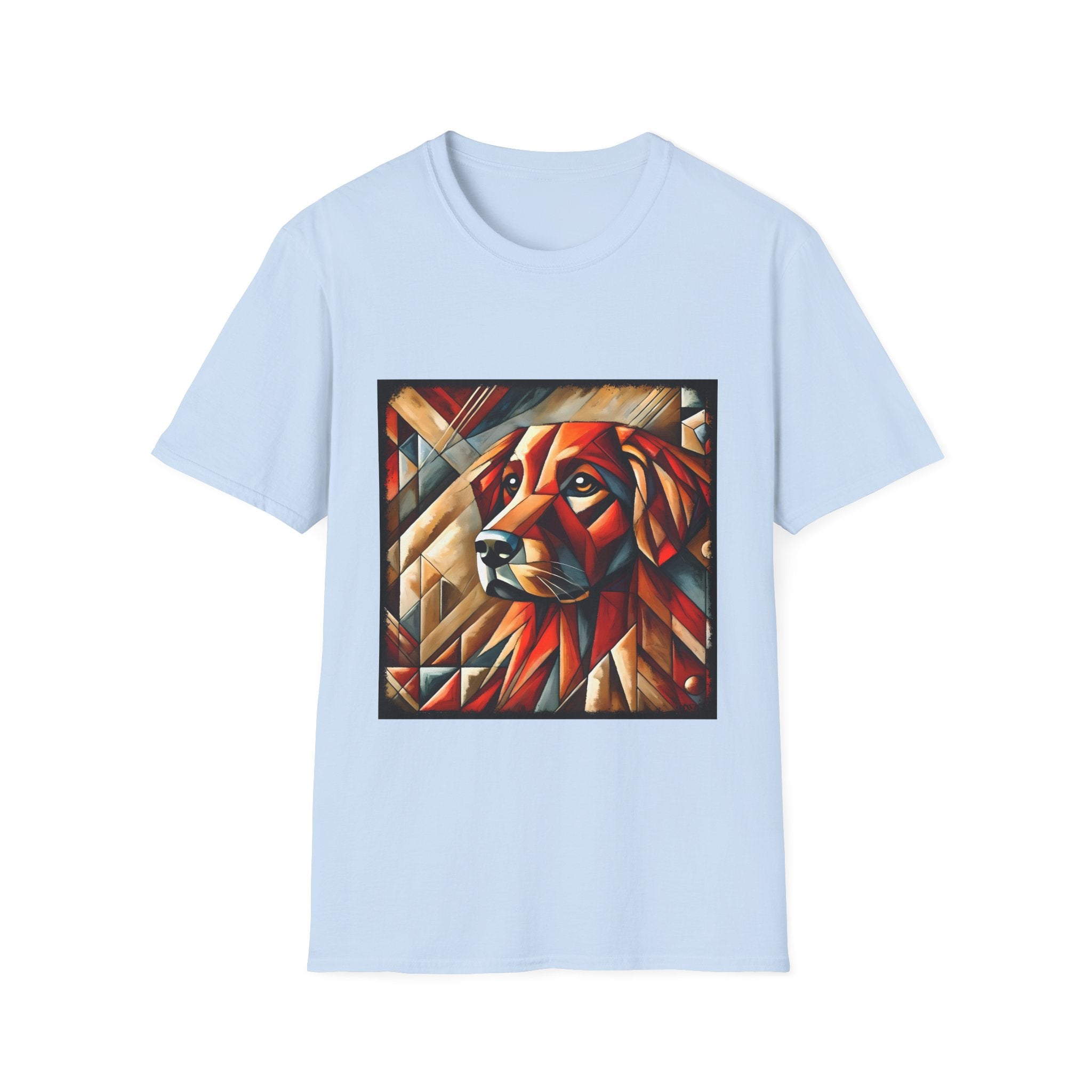 Light blue dog t-shirt featuring red geometric golden retriever portrait in cubist style with bold angles.