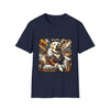 Navy dog t-shirt featuring golden retriever in fur coat on gold throne with colorful backdrop.
