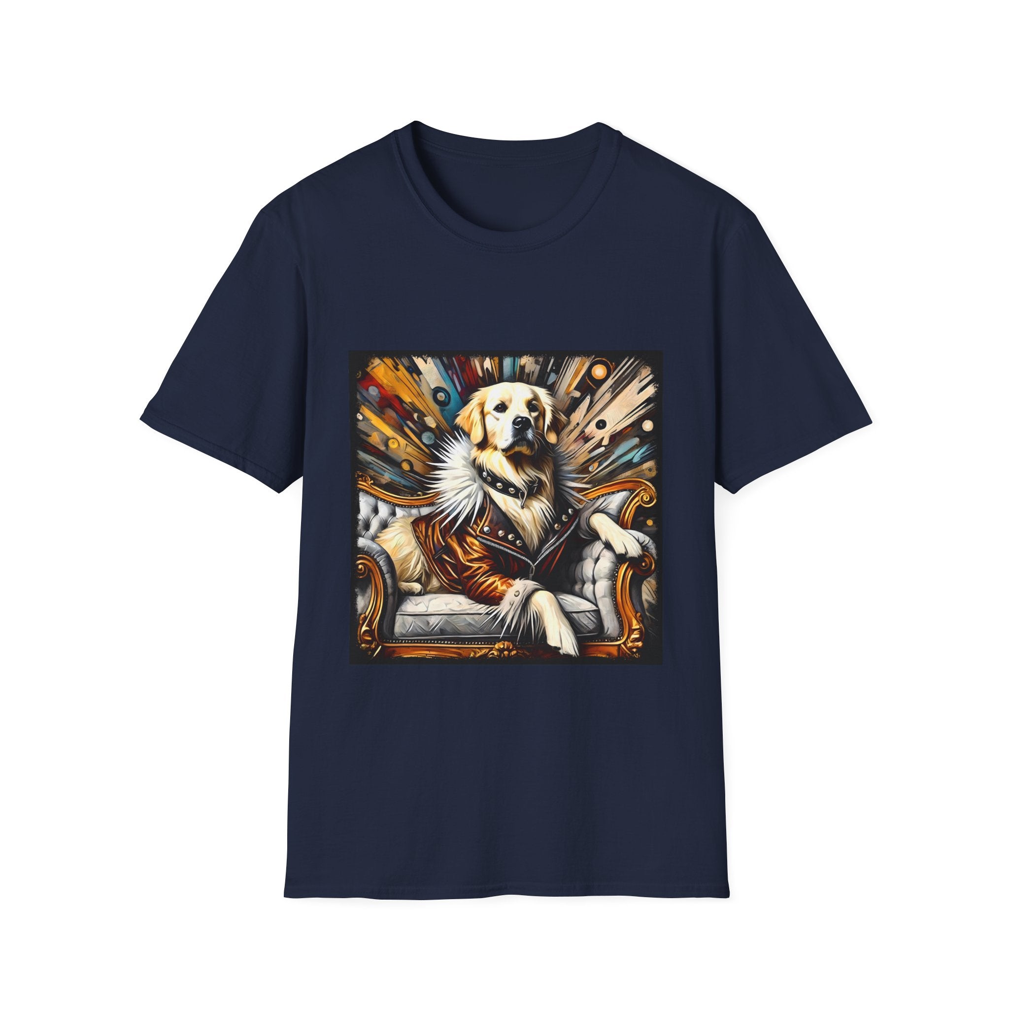 Navy dog t-shirt featuring golden retriever in fur coat on gold throne with colorful backdrop.