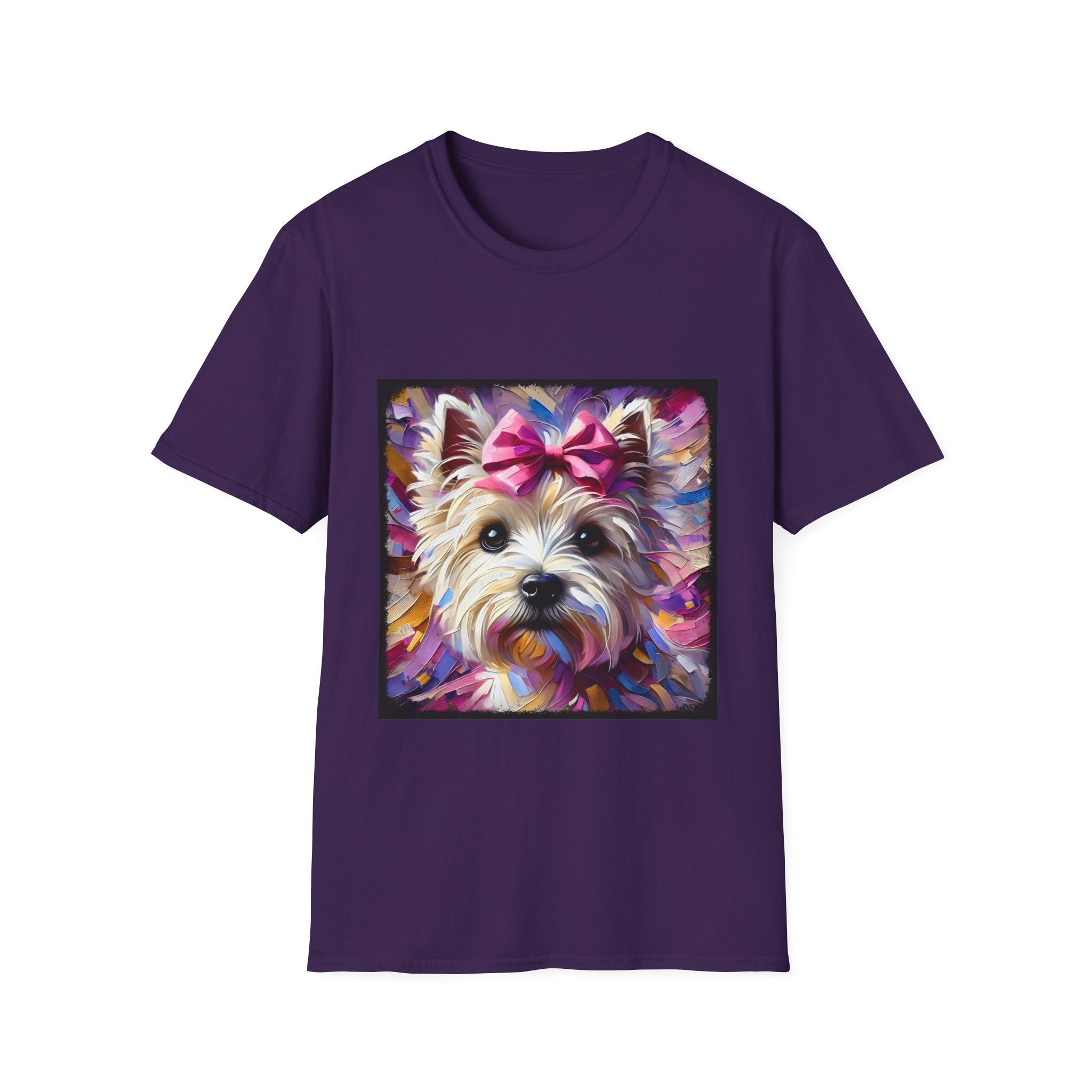 Purple dog t-shirt with Westie face, pink bow, and bold brushstroke colors in purple, pink, and gold.