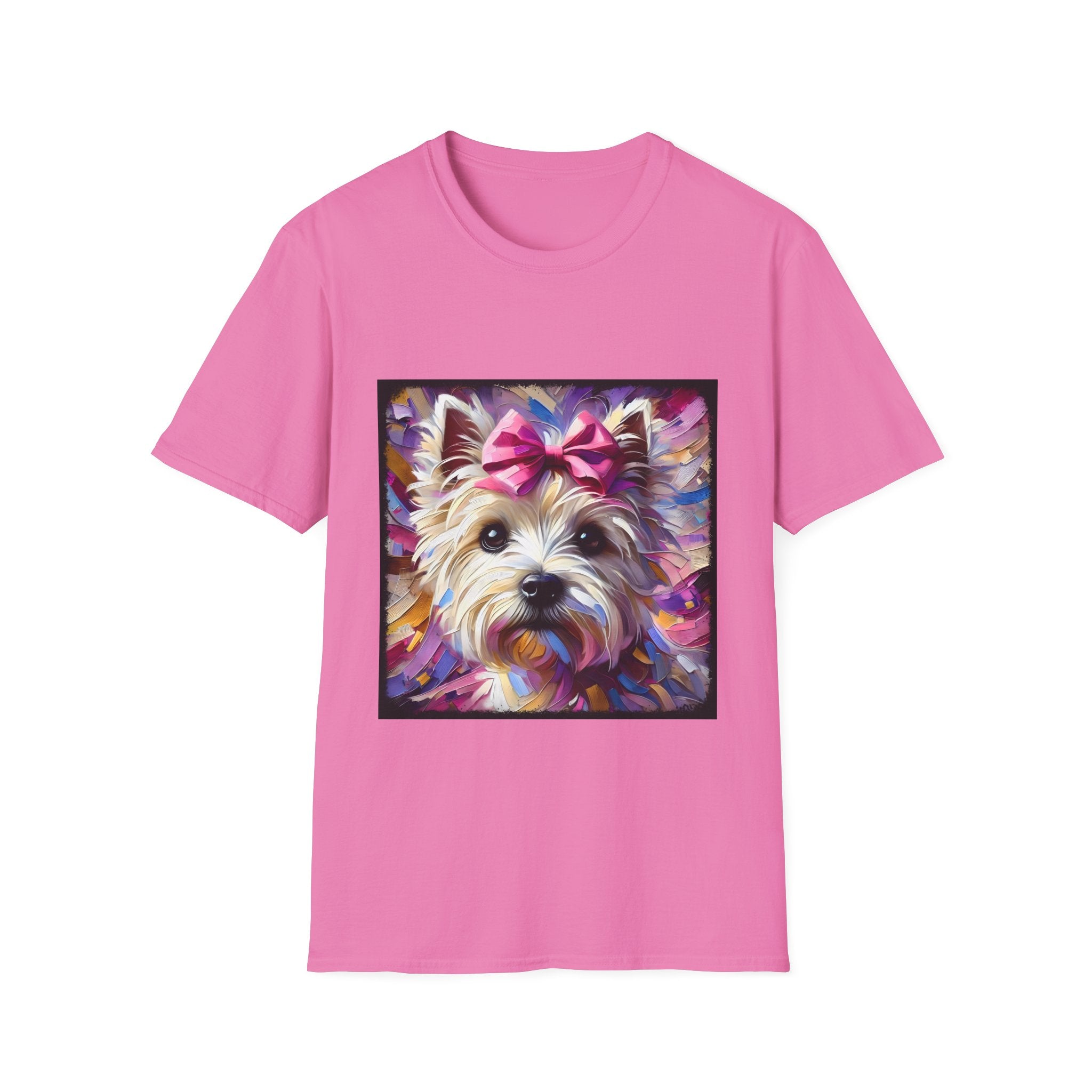 Pink dog t-shirt with Westie face, pink bow, and bold brushstroke colors in purple, pink, and gold.