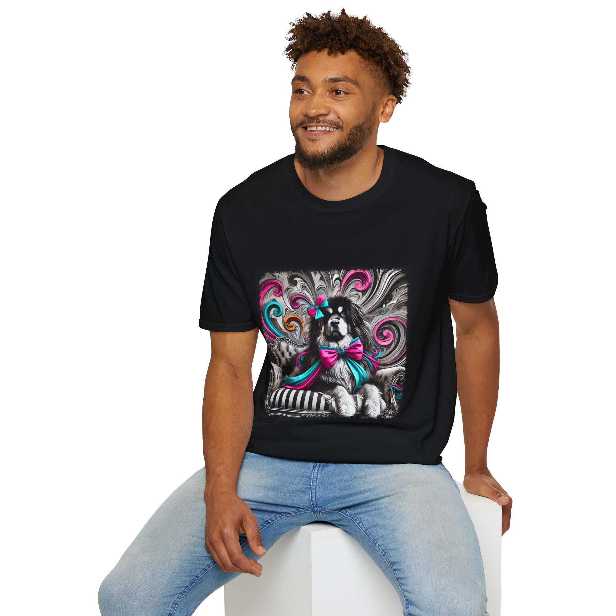 Tibetan Mastiff B&W Pink and Teal Bow | Unisex Dog T-Shirt
