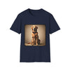 Navy dog t-shirt featuring golden retriever in brown collar, seated against a neutral tan backdrop.