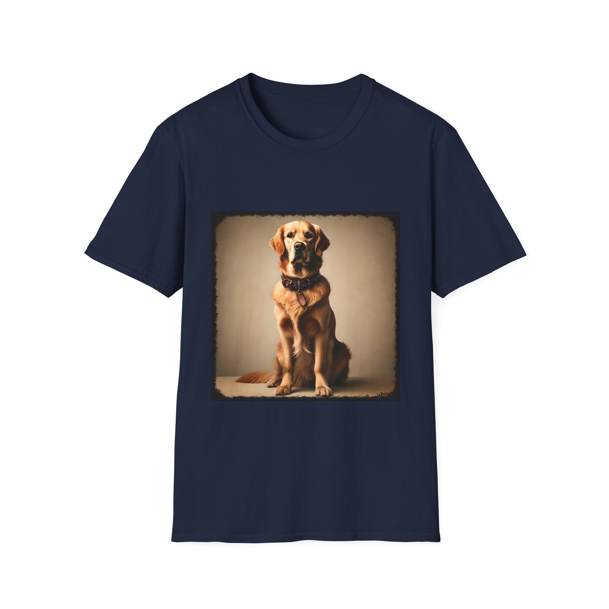 Navy dog t-shirt featuring golden retriever in brown collar, seated against a neutral tan backdrop.