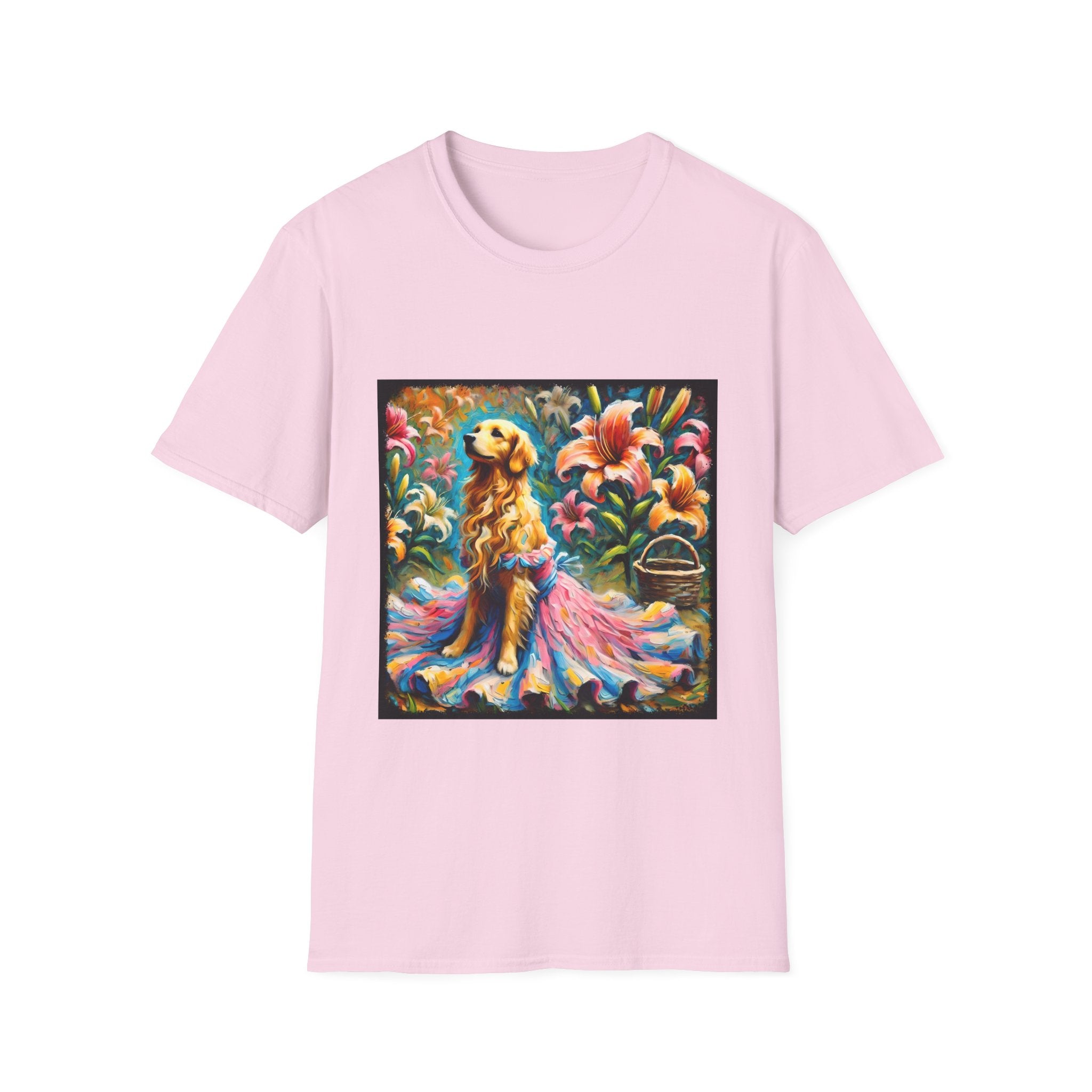 Light pink dog t-shirt featuring golden retriever in pink-and-purple gown surrounded by vibrant tropical flowers.