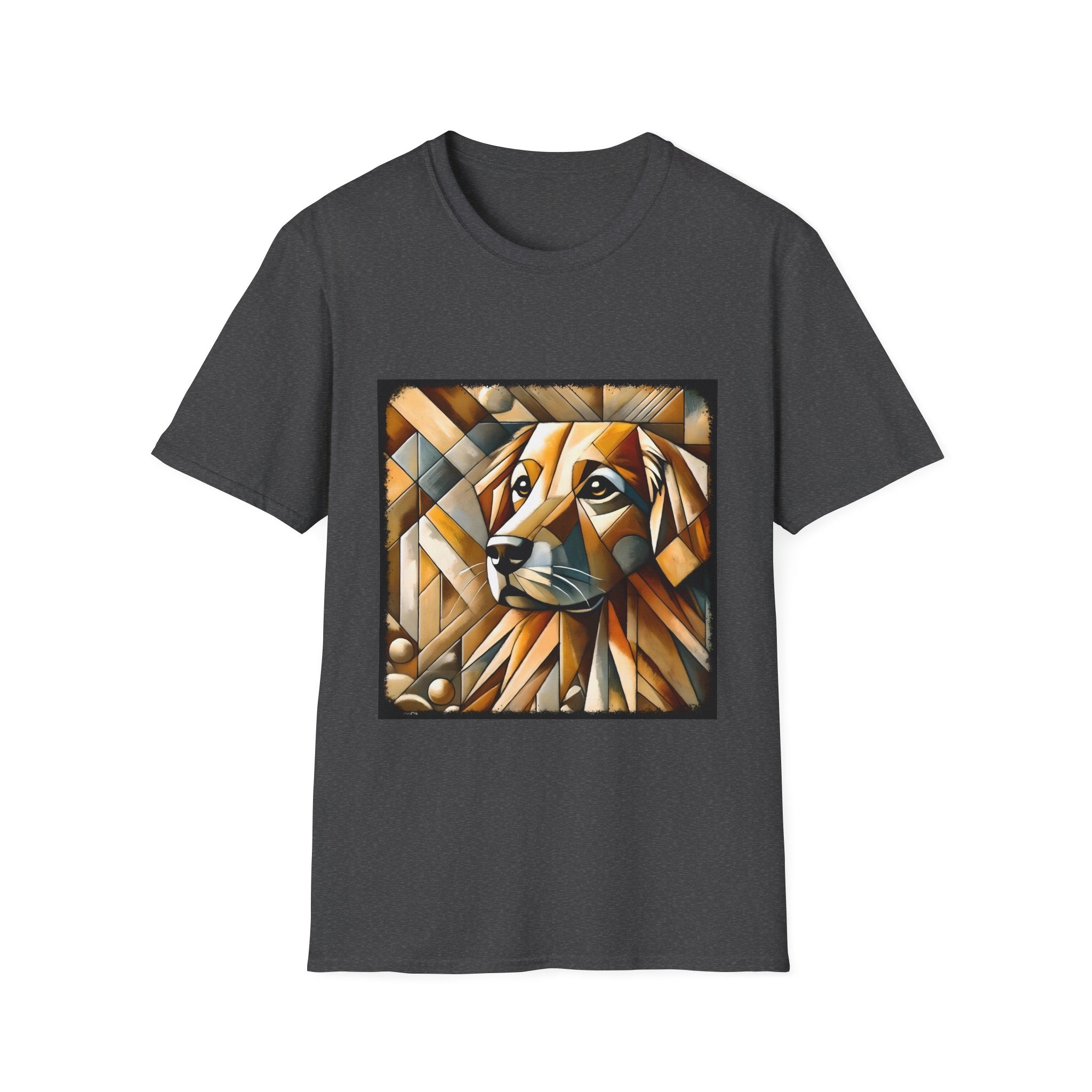 Dark heather dog t-shirt featuring golden retriever in geometric cubist style with warm amber and tan tones.