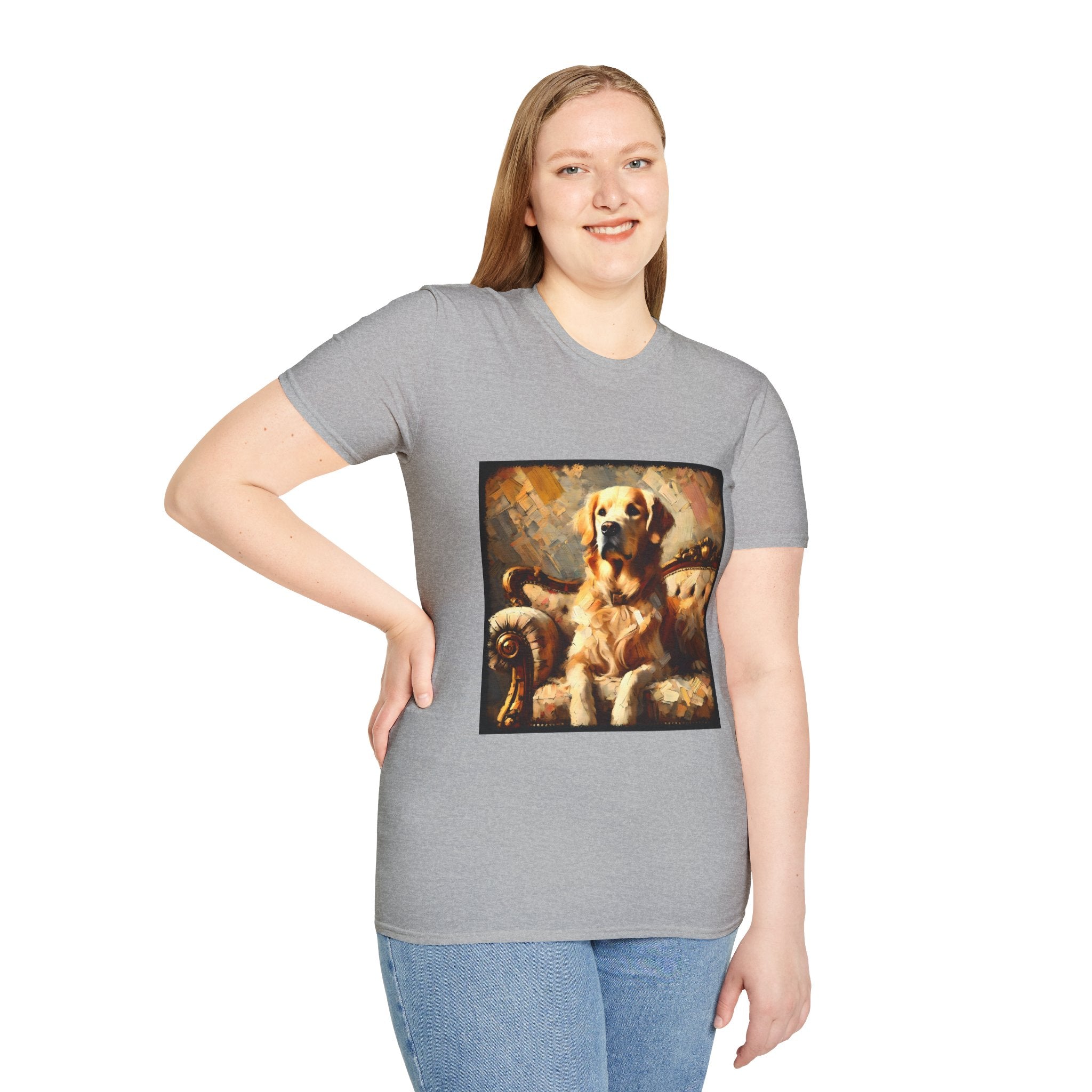 Female model in sport gray dog t-shirt with golden retriever on ornate couch, painted in rich textured brushstrokes.