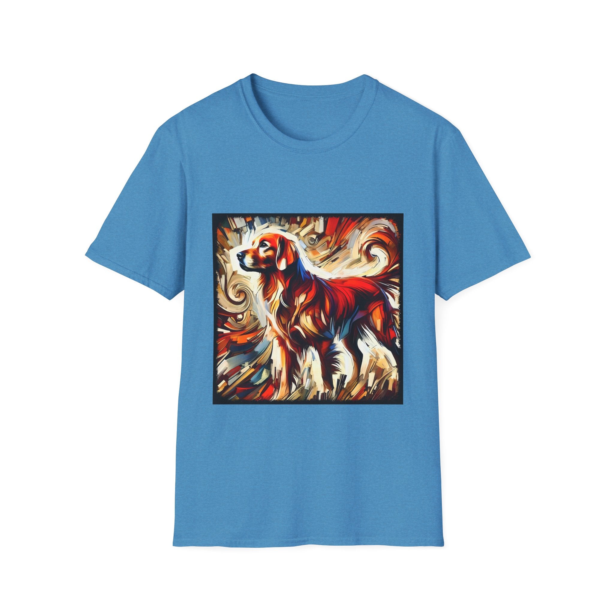 Heather sapphire dog t-shirt with golden retriever in red coat, abstract swirl background in bold warm tones.