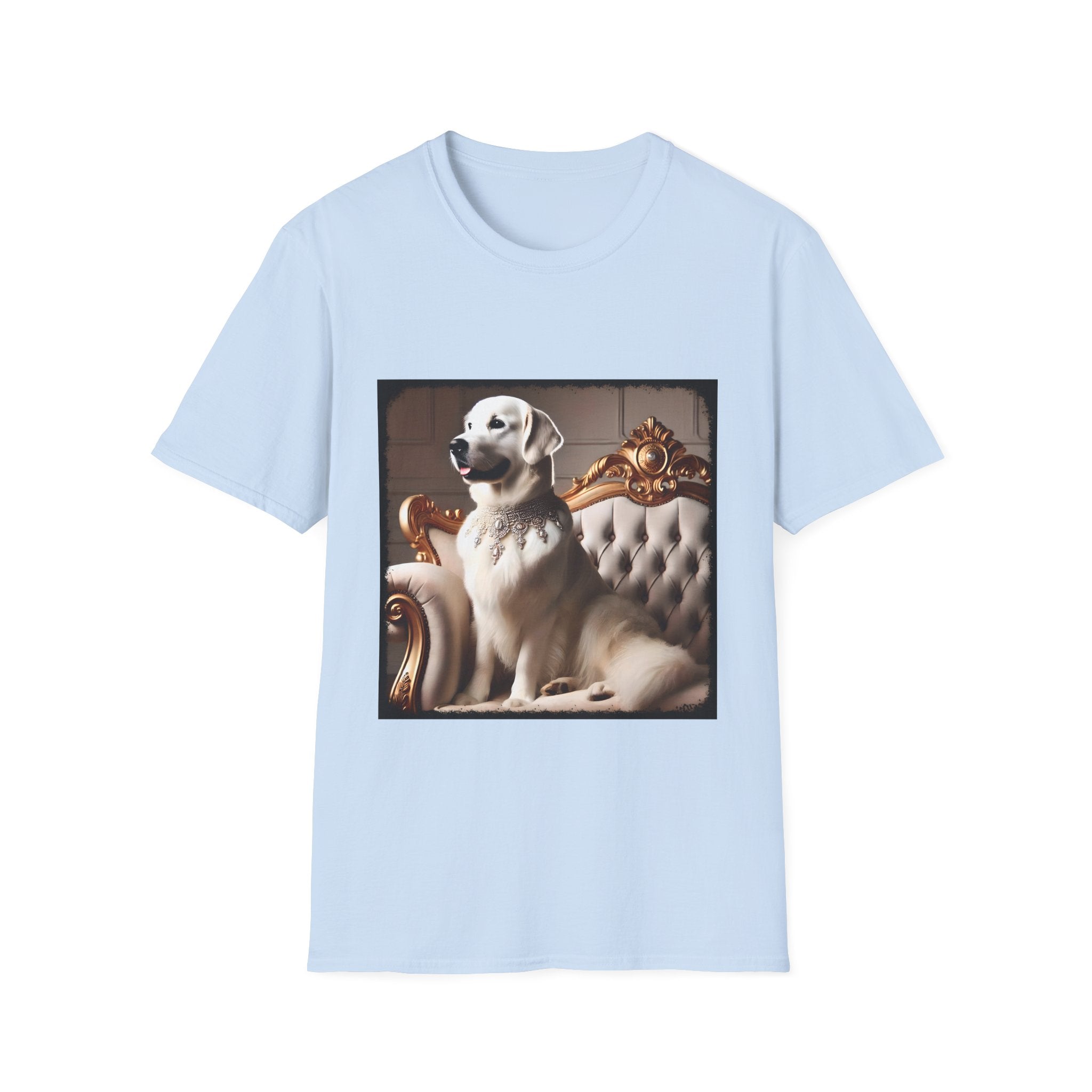 Light blue dog t-shirt featuring a white golden retriever in a jeweled collar on a gold-trimmed tufted settee.