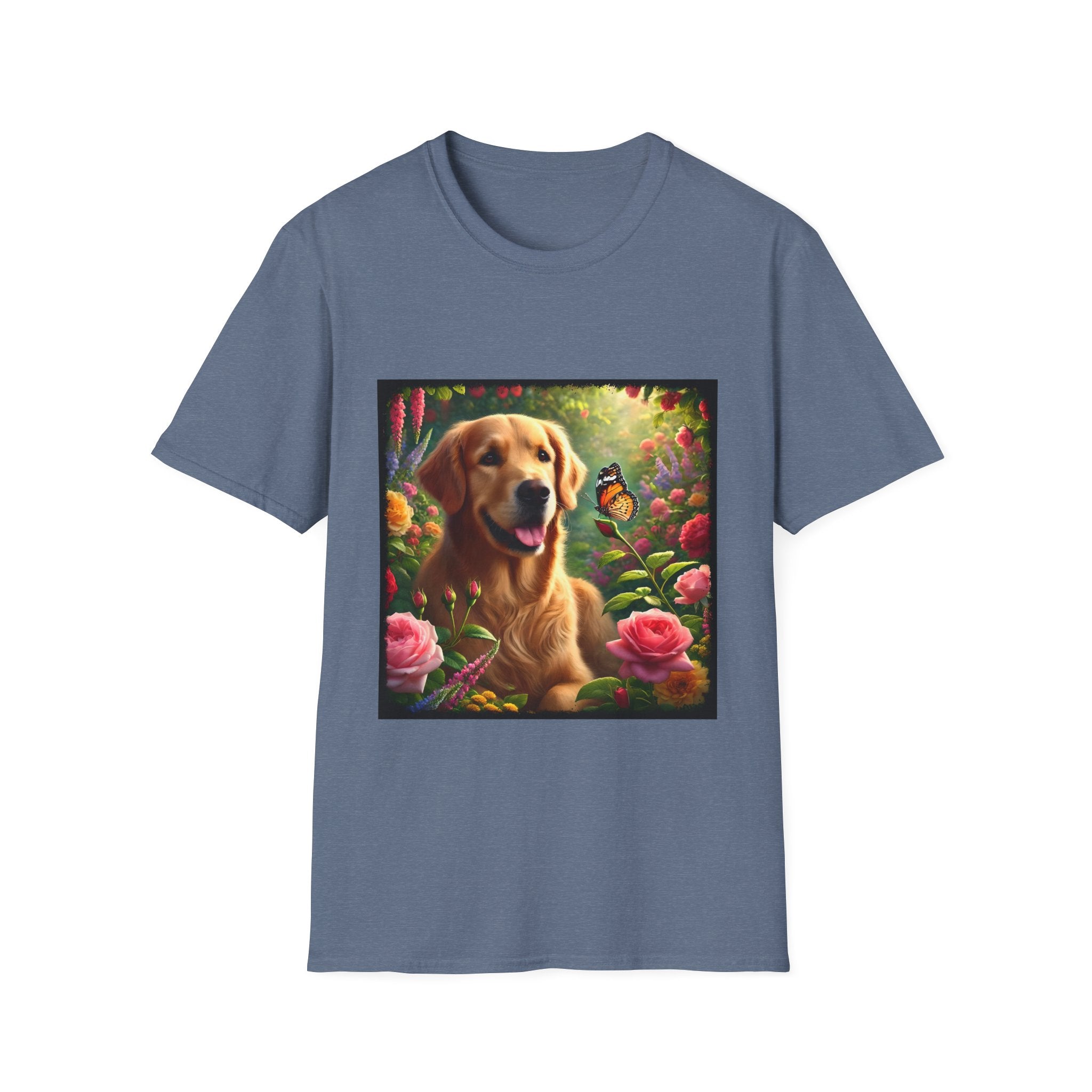 Heather indigo dog t-shirt featuring a golden retriever in a vibrant garden with roses, wildflowers, and a butterfly.