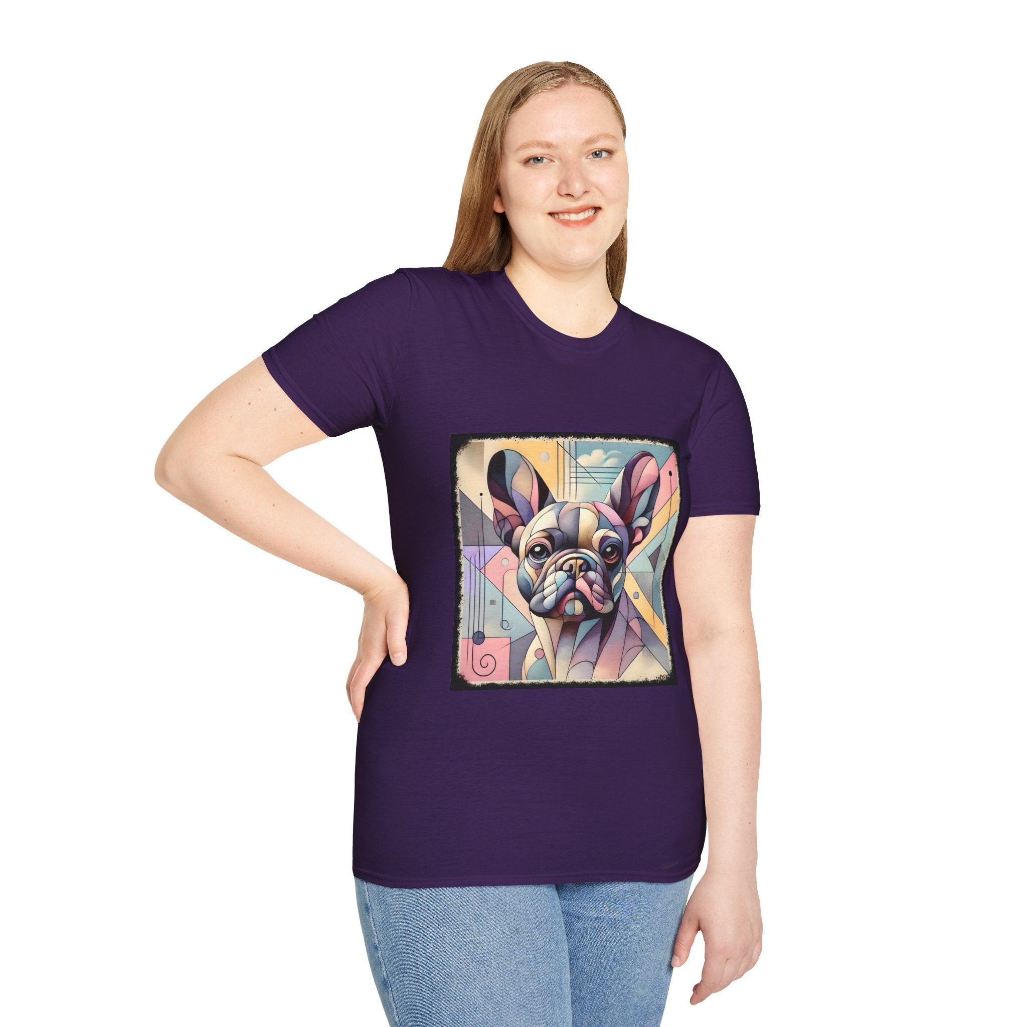 Female model in purple shirt with Cubism-style French Bulldog design in soft pastel colors and abstract shapes.