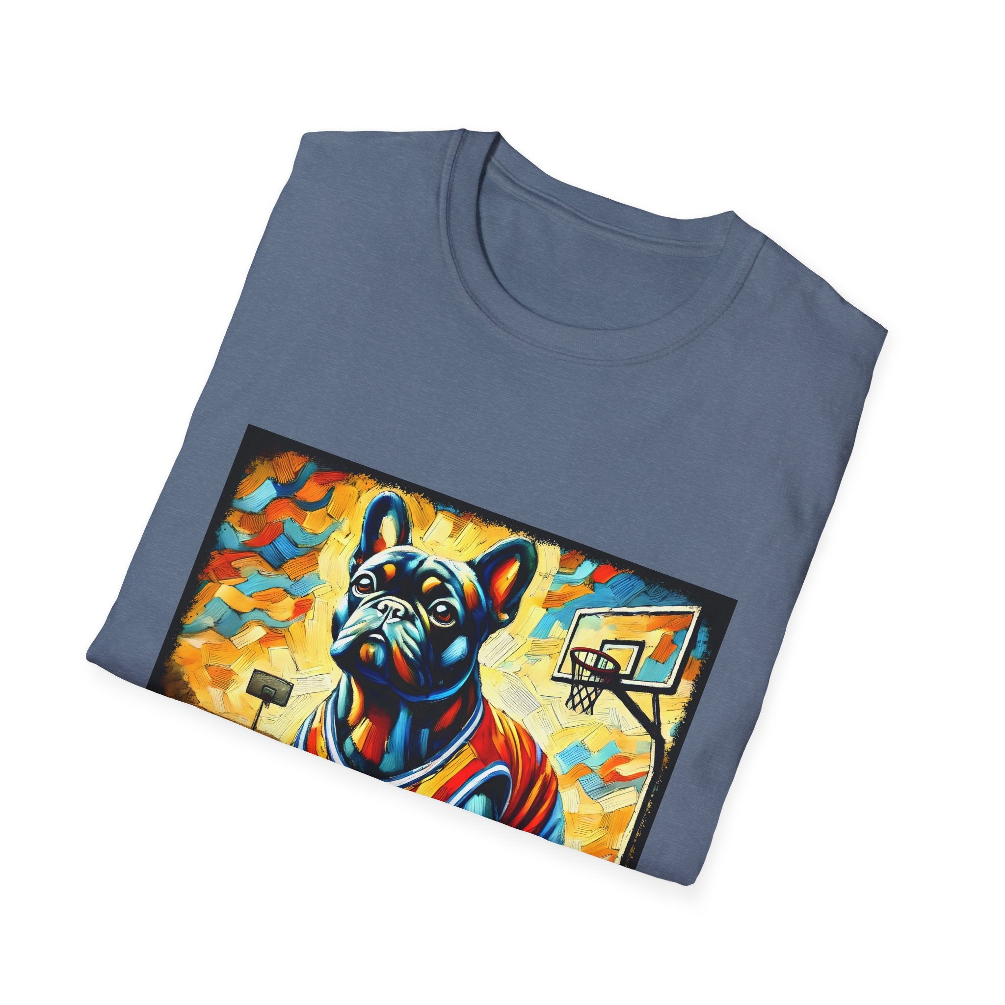Front view of folded heather indigo dog t-shirt featuring French Bulldog in red jersey on basketball court, expressionism style.