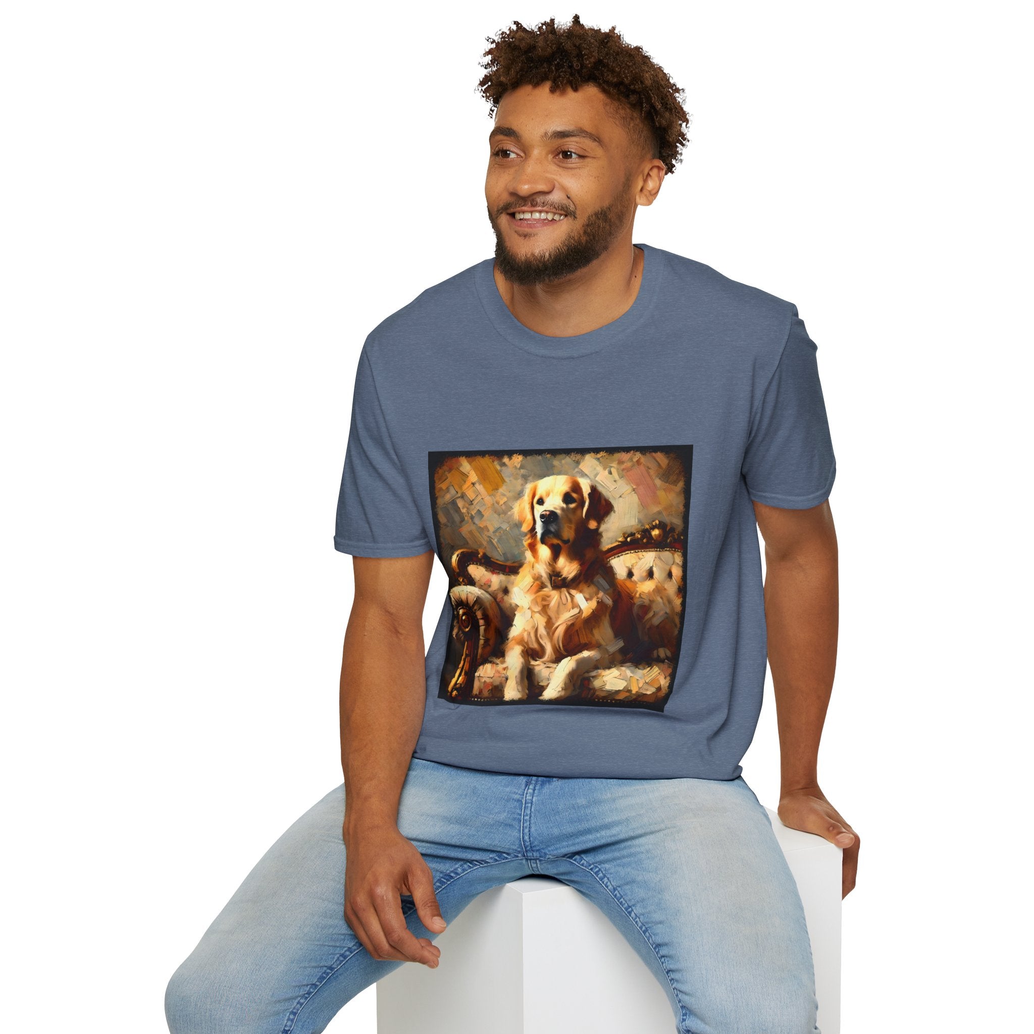 Male model in heather indigo dog t-shirt with golden retriever on ornate couch, painted in rich textured brushstrokes.