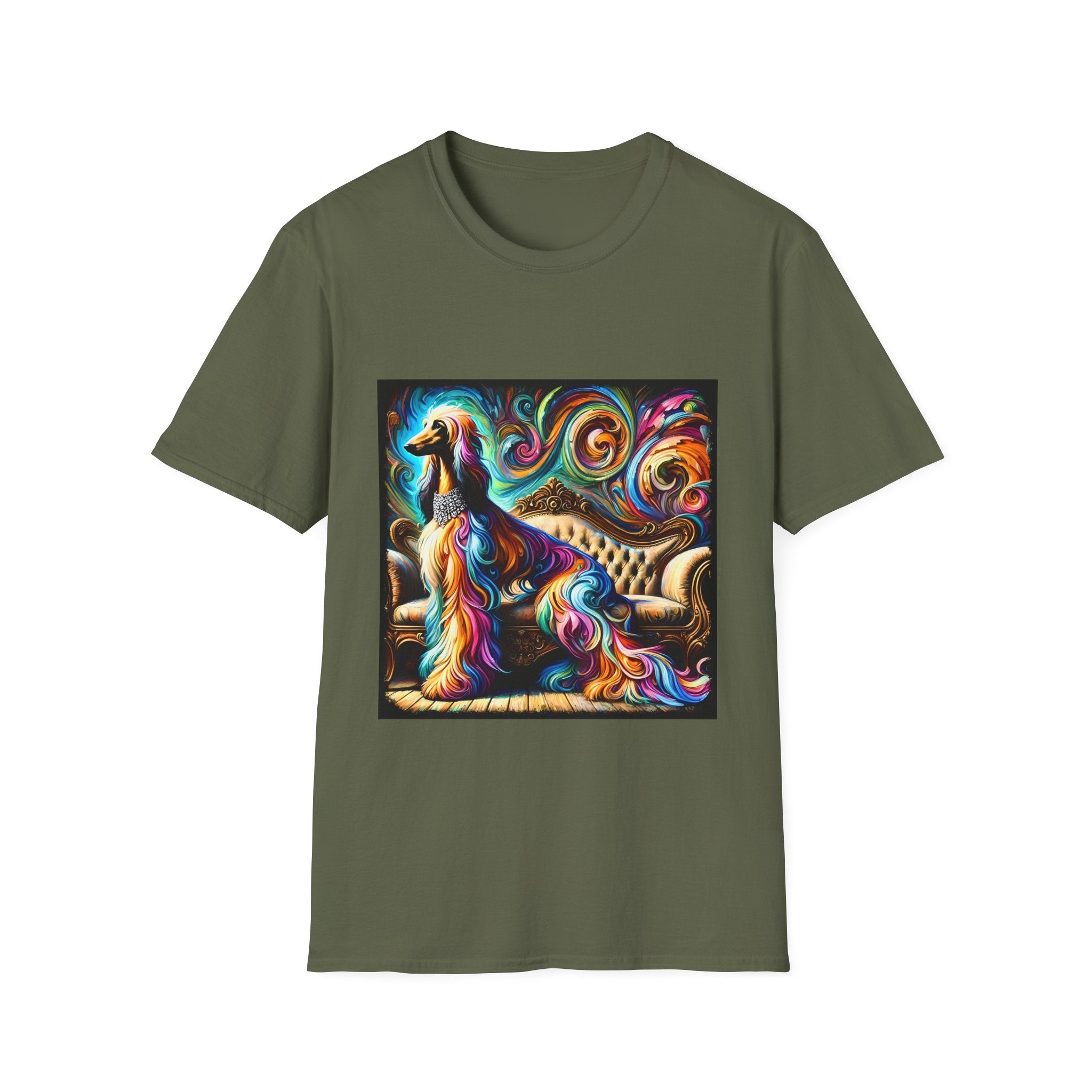 front view of military green  dog t-shirt of Afghan Hound dog sitting before ornate settee, colorful swirling fur and vivid abstract background.