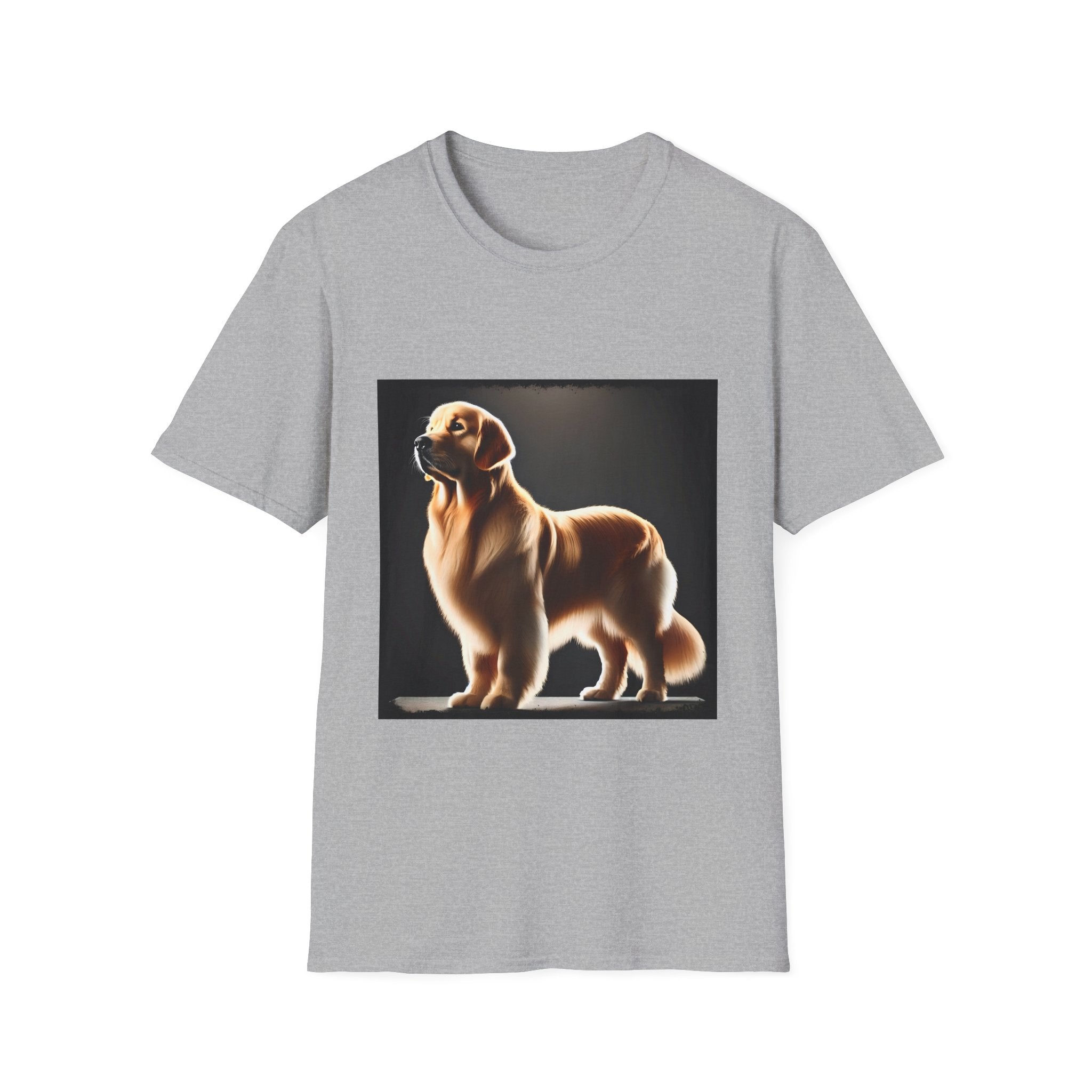 Sport gray dog t-shirt with golden retriever standing tall under spotlight on black background.