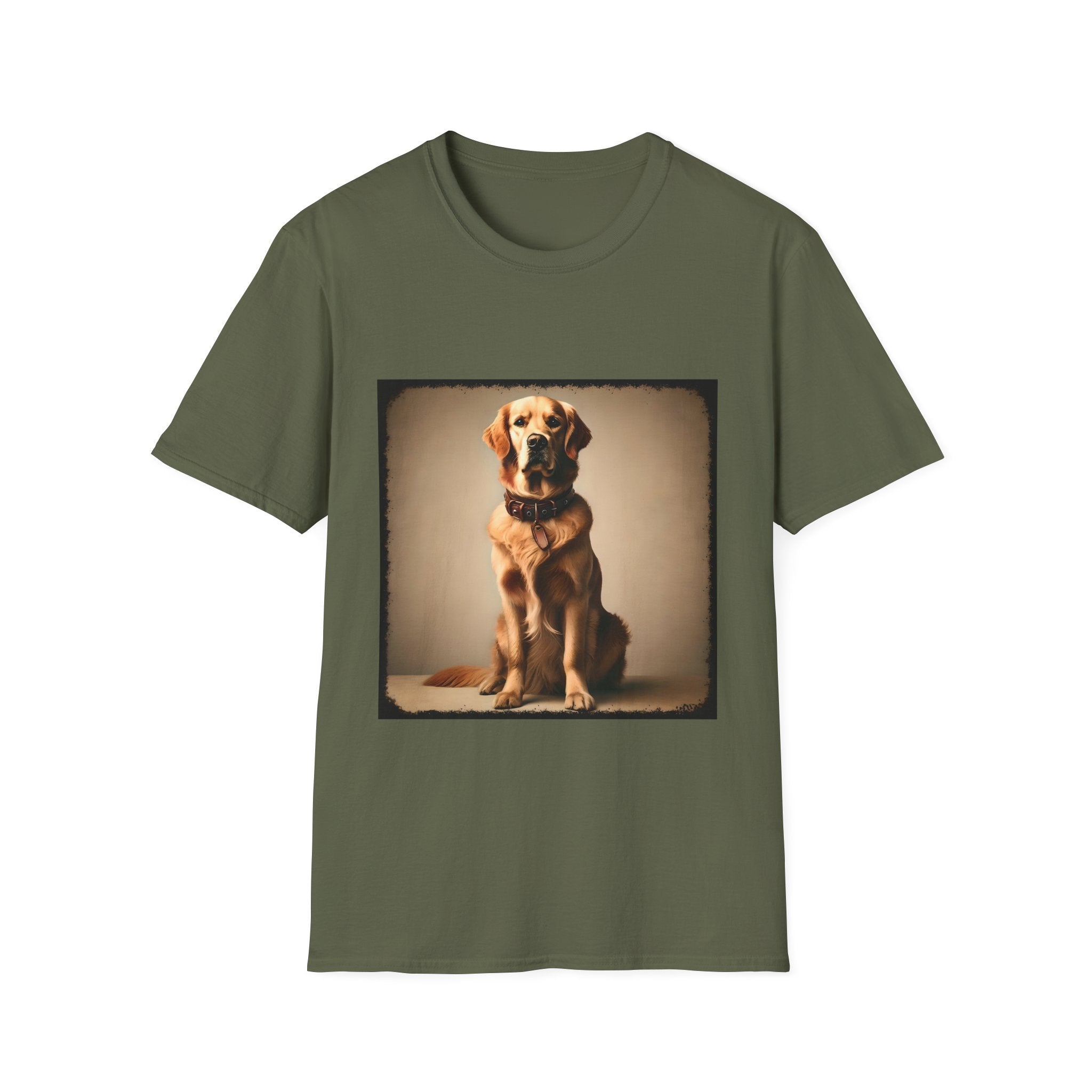 Military green dog t-shirt featuring golden retriever in brown collar, seated against a neutral tan backdrop.