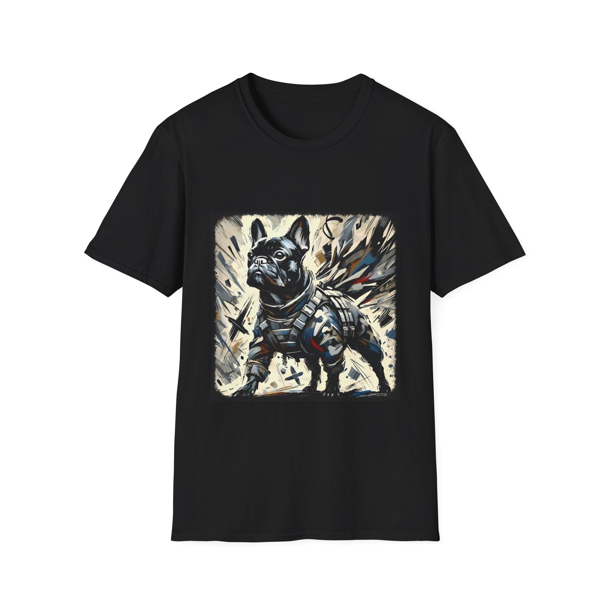 Black dog t-shirt featuring heroic black French Bulldog in battle armor, set against abstract explosive strokes.