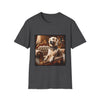 Dark heather dog t-shirt featuring golden retriever in jeweled collar on ornate cream and gold settee, regal setting.