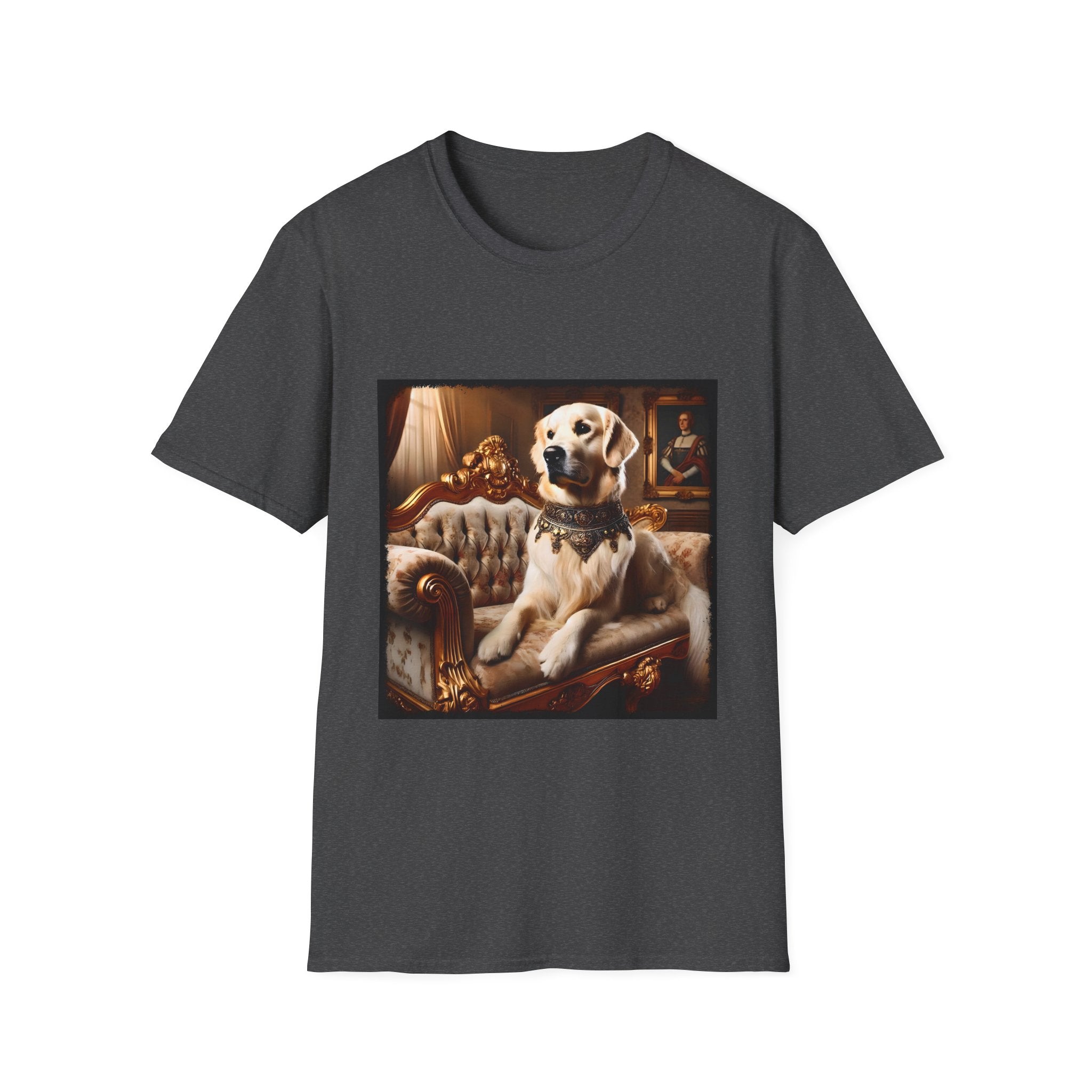 Dark heather dog t-shirt featuring golden retriever in jeweled collar on ornate cream and gold settee, regal setting.