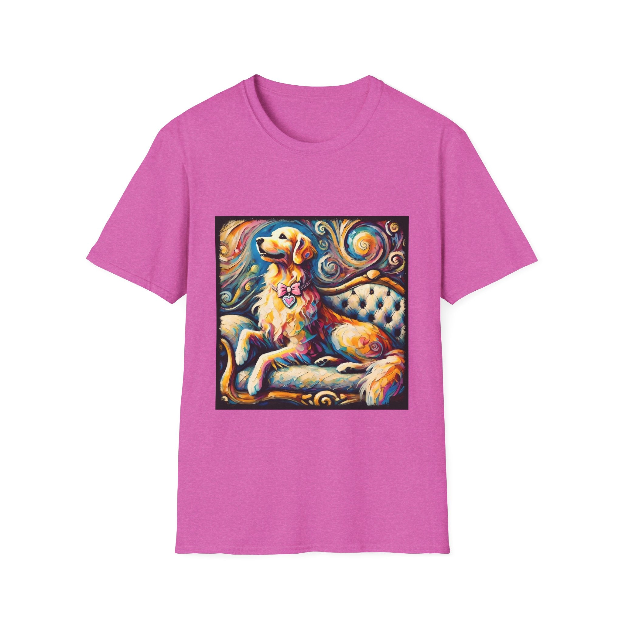 Heather orchid pink dog t-shirt featuring golden retriever with pink heart collar on colorful tufted settee.