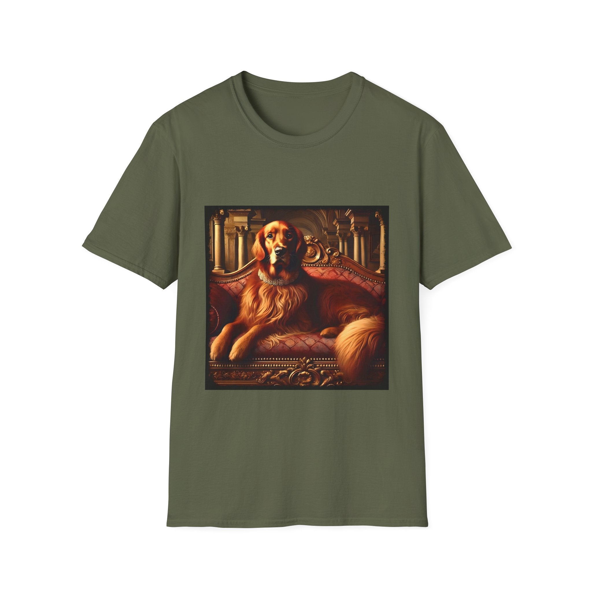 Military green dog t-shirt with golden retriever on red settee, pearl collar, and regal columned backdrop.