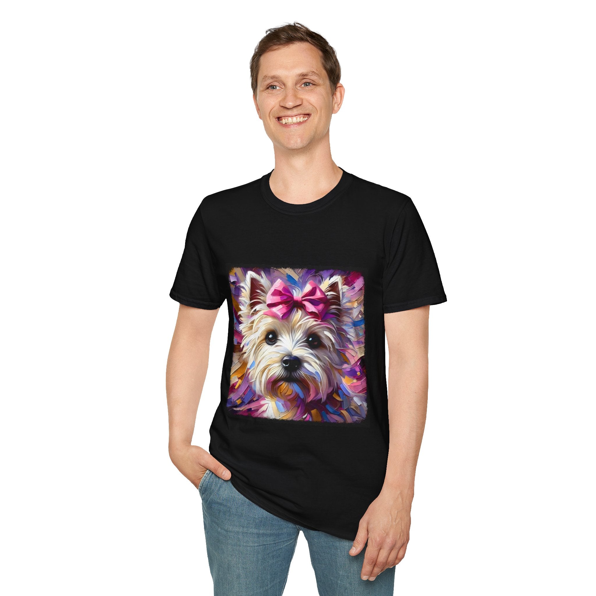 Male model in black dog t-shirt with Westie face, pink bow, and bold brushstroke colors in purple, pink, and gold.