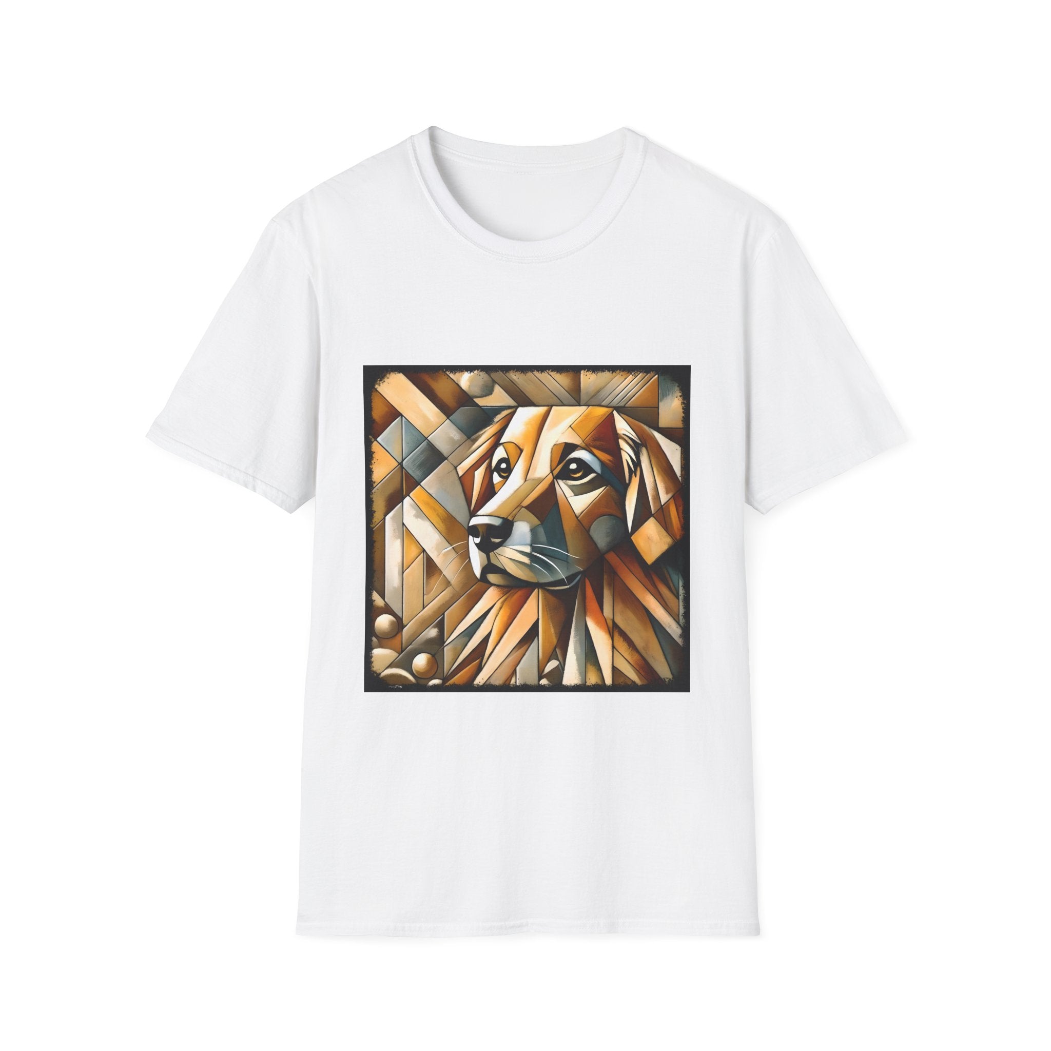 White dog t-shirt featuring golden retriever in geometric cubist style with warm amber and tan tones.