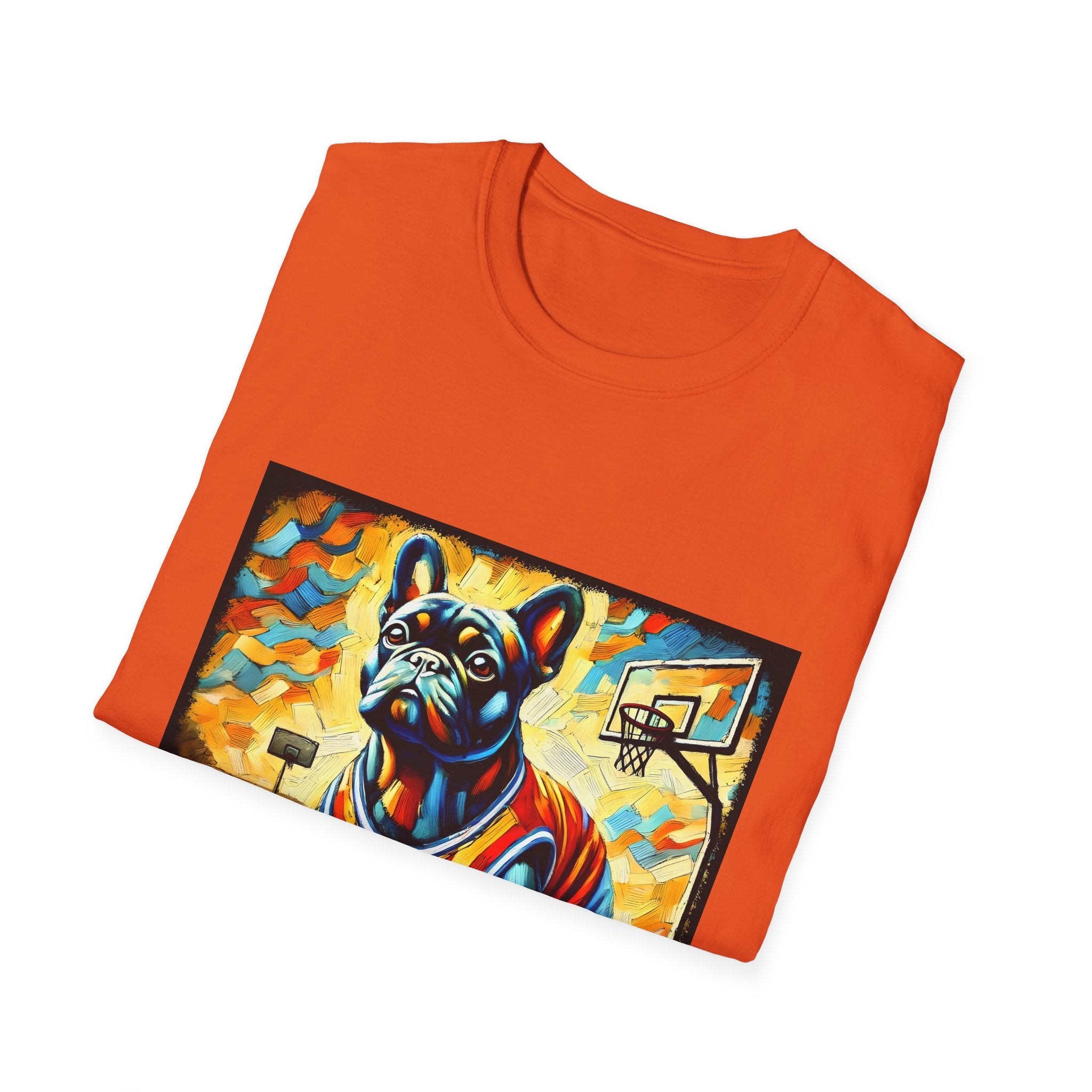 Front view of folded orange dog t-shirt featuring French Bulldog in red jersey on basketball court, expressionism style.