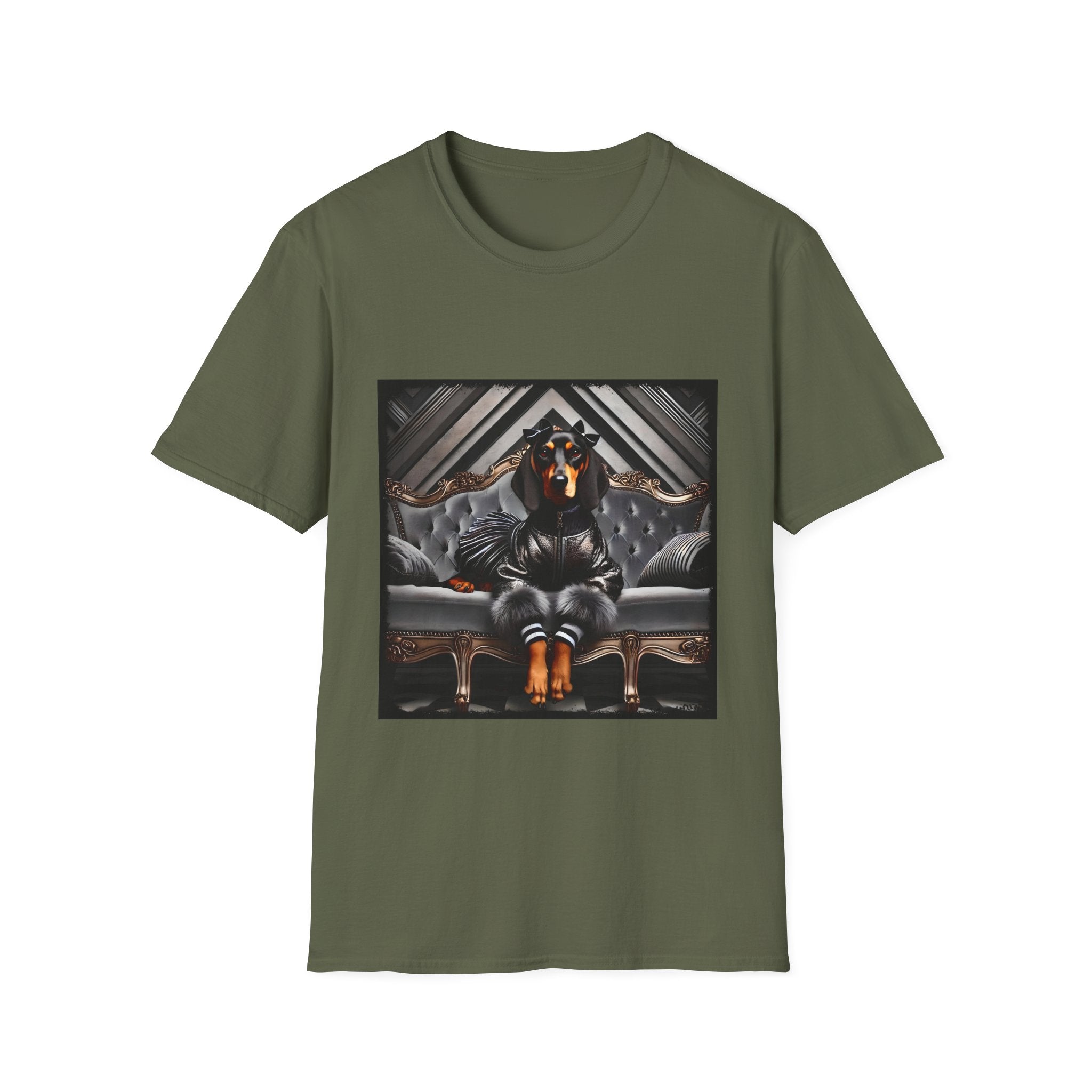 Military green dog t-shirt featuring coonhound in edgy black bomber jacket with fur cuffs, seated on a tufted leather settee.
