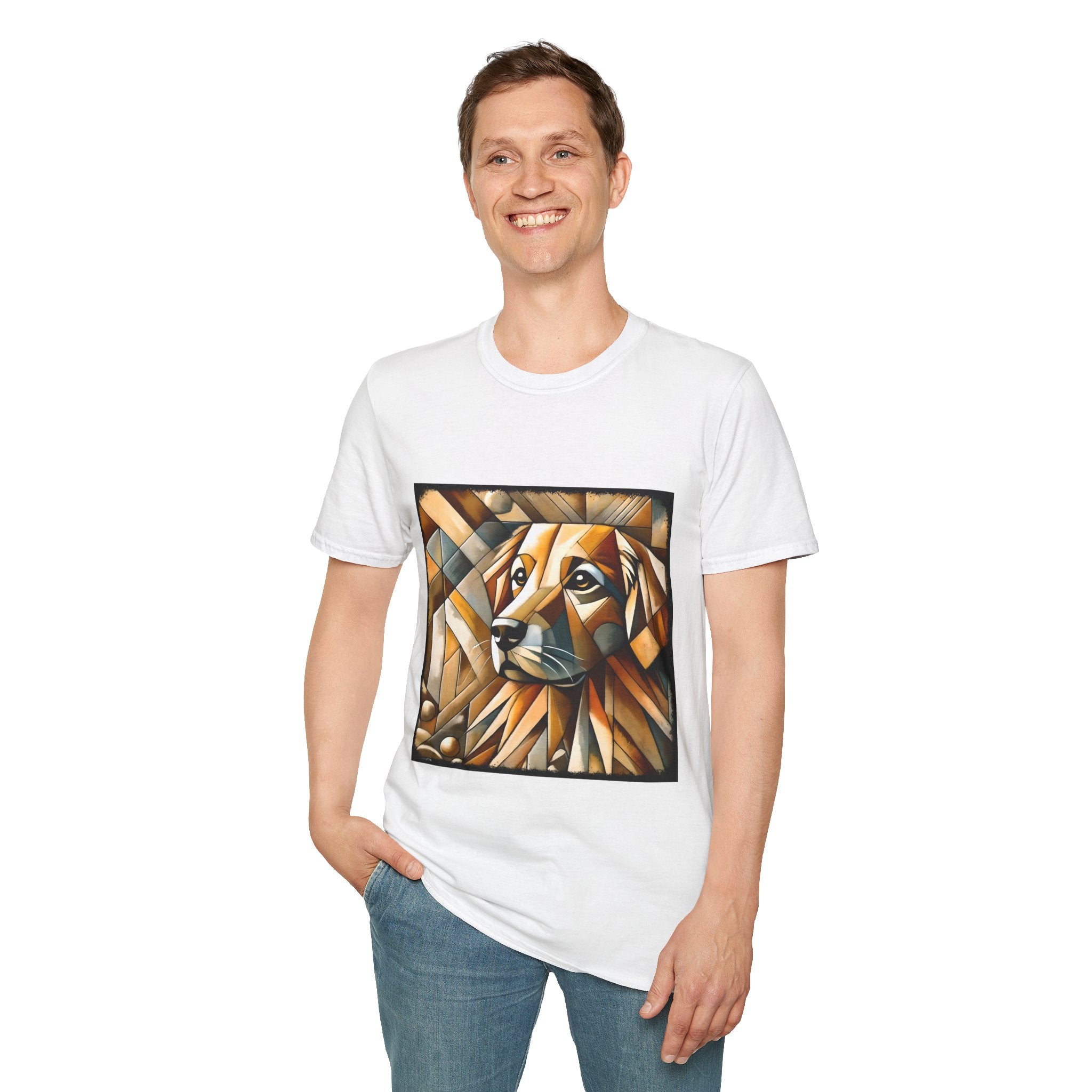 Male smiling in white dog t-shirt featuring golden retriever in geometric cubist style with warm amber and tan tones.