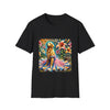 Black dog t-shirt featuring golden retriever in pink-and-purple gown surrounded by vibrant tropical flowers.