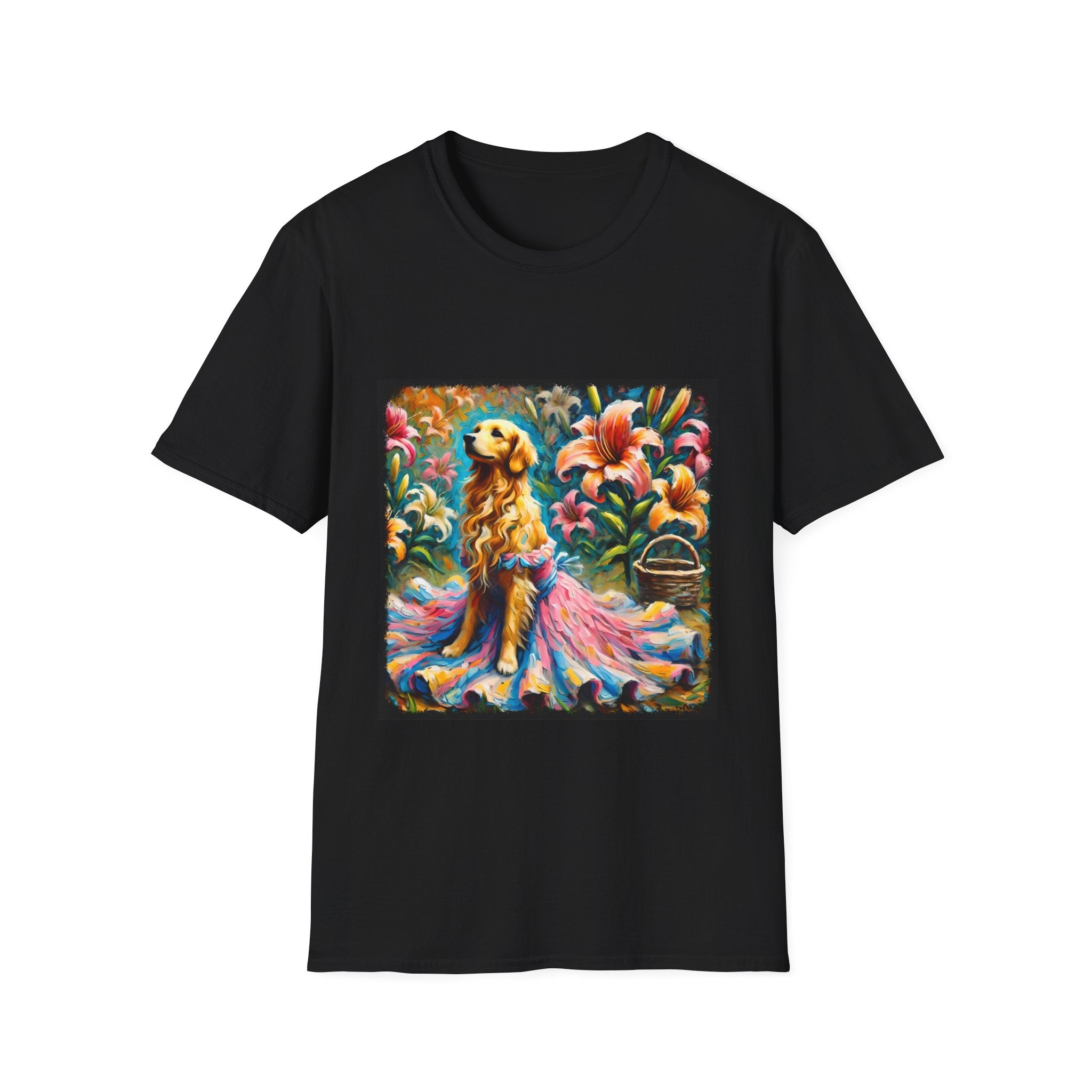 Black dog t-shirt featuring golden retriever in pink-and-purple gown surrounded by vibrant tropical flowers.