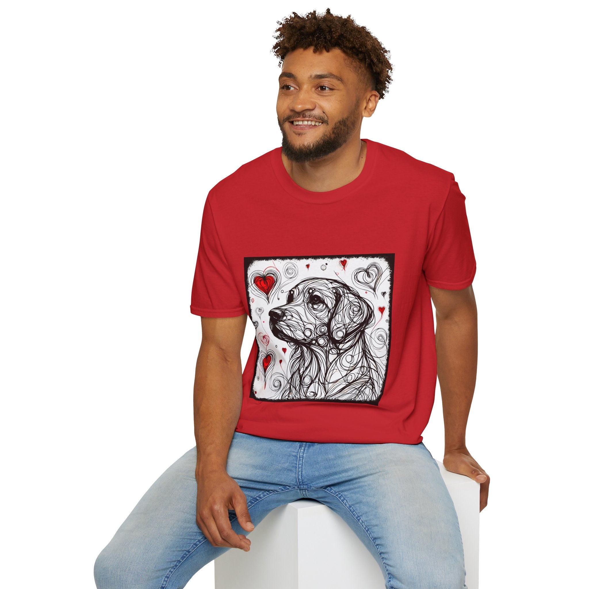 Male model in red dog t-shirt with golden retriever line art and red hearts on white background with swirling abstract pattern.