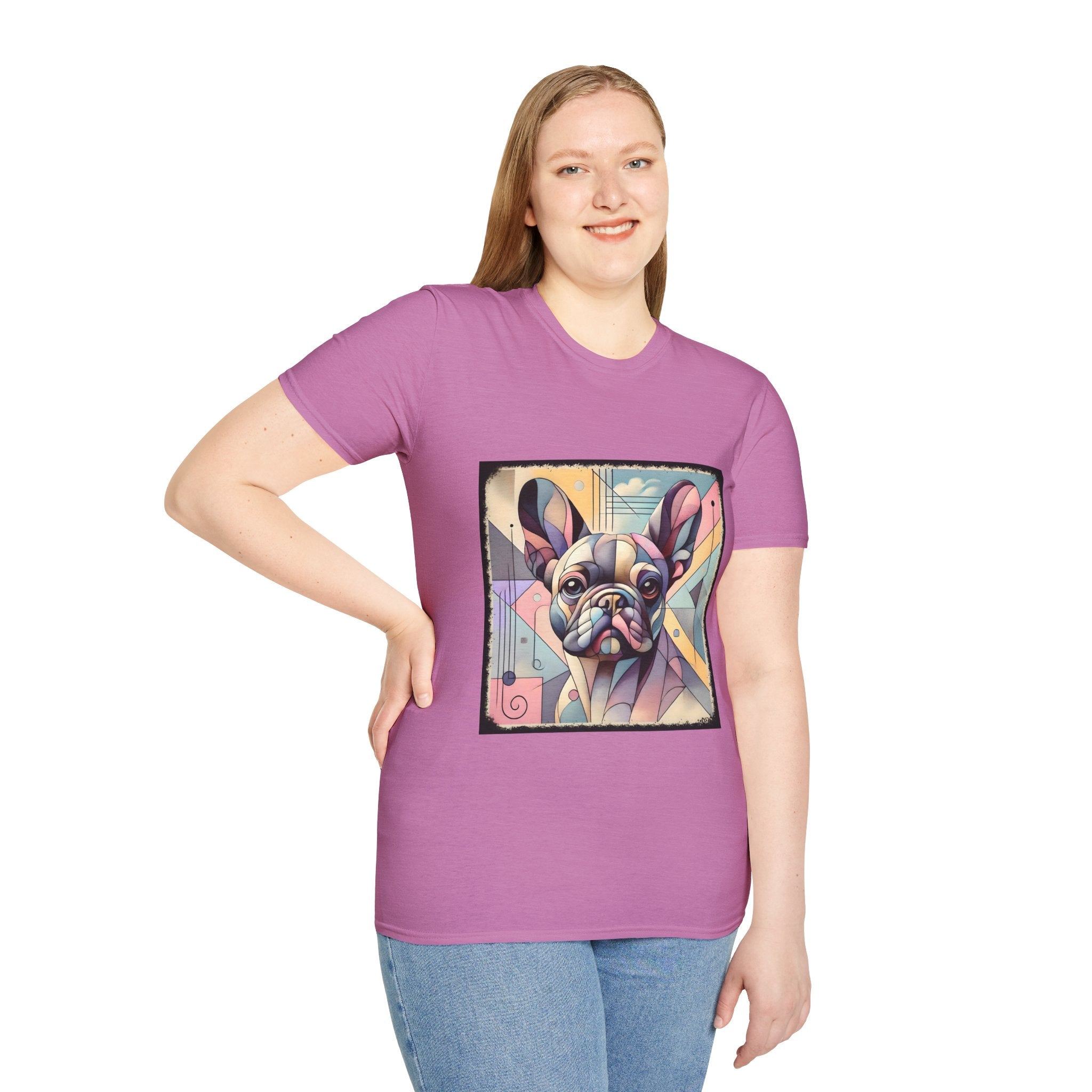 Female model in lilac rose shirt with Cubism-style French Bulldog design in soft pastel colors and abstract shapes.