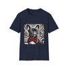 Navy blue dog t-shirt featuring a black and white French Bulldog with a bold red bow tie and art deco backdrop.