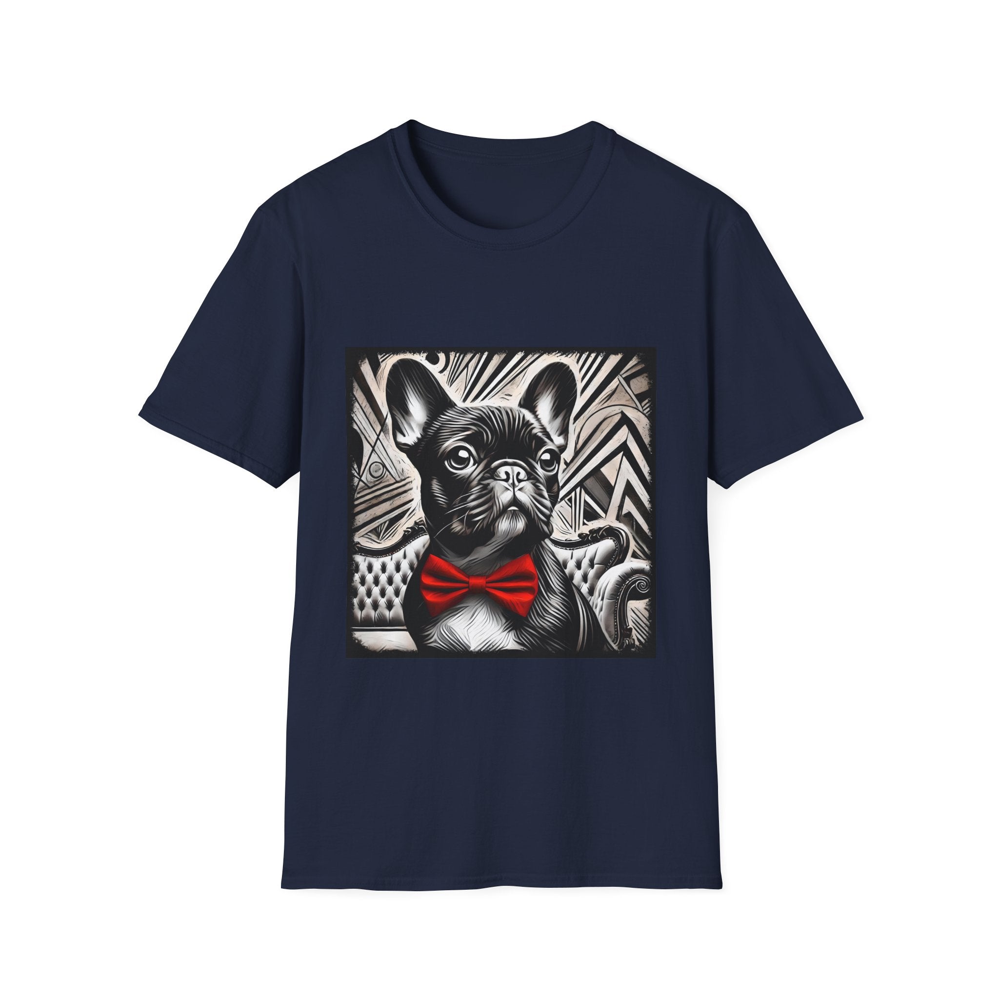 Navy blue dog t-shirt featuring a black and white French Bulldog with a bold red bow tie and art deco backdrop.
