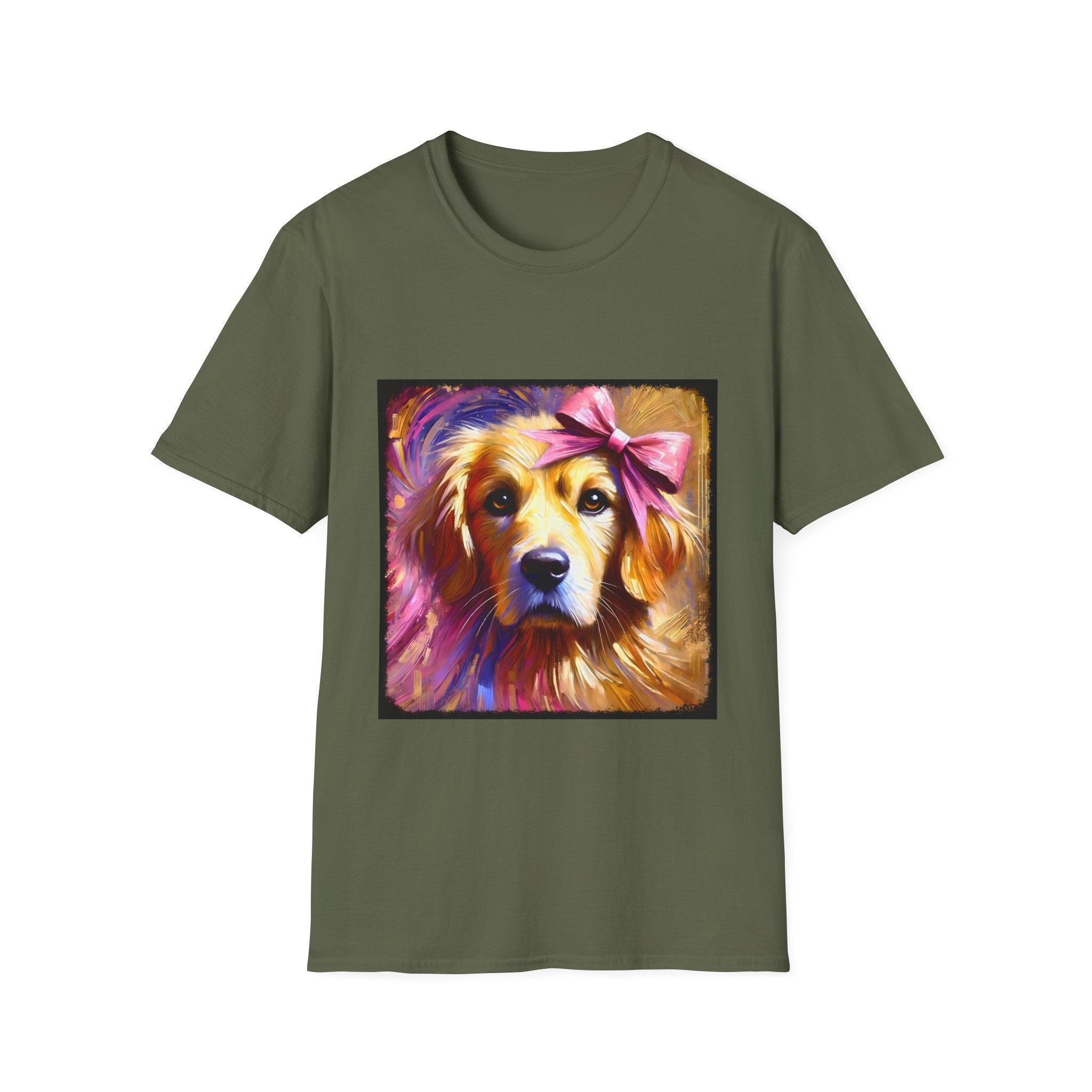 Military green dog t-shirt featuring golden retriever with pink bow on head, bold brushstroke background in pinks.