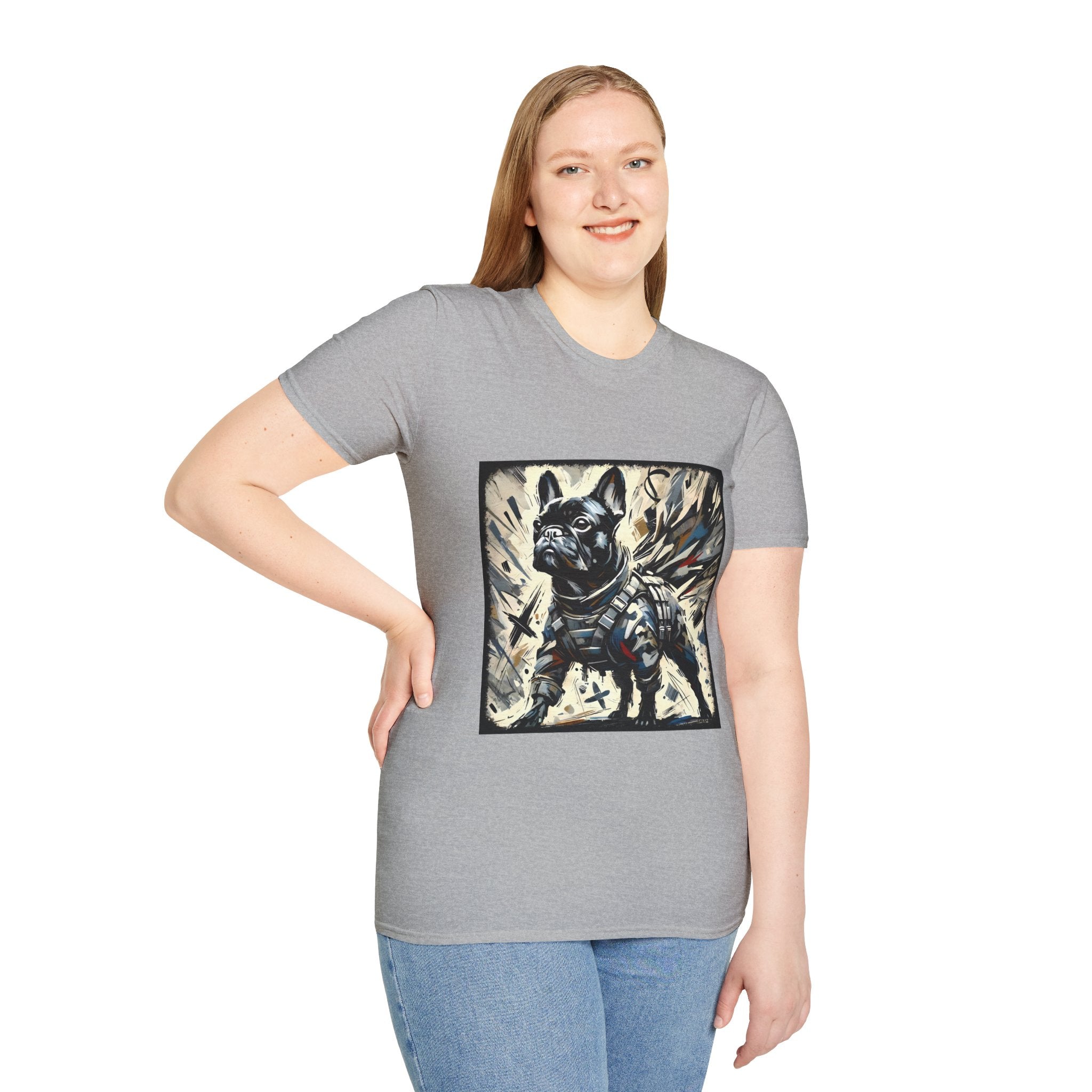 Woman smiling in sport gray dog t-shirt featuring heroic black French Bulldog in battle armor, set against abstract explosive strokes.