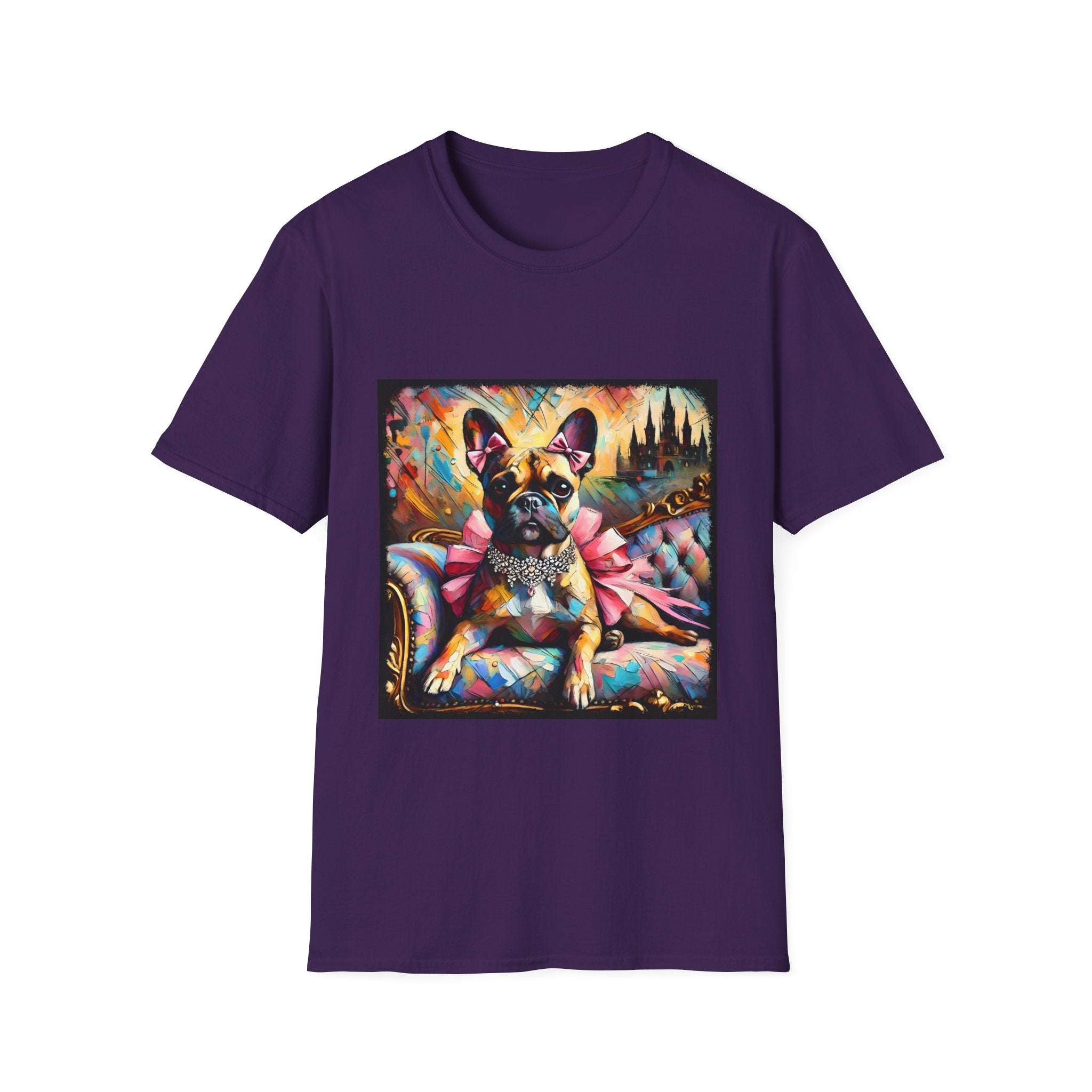 Purple dog t-shirt featuring fawn French Bulldog with jeweled collar on settee, vivid swirl and castle background.