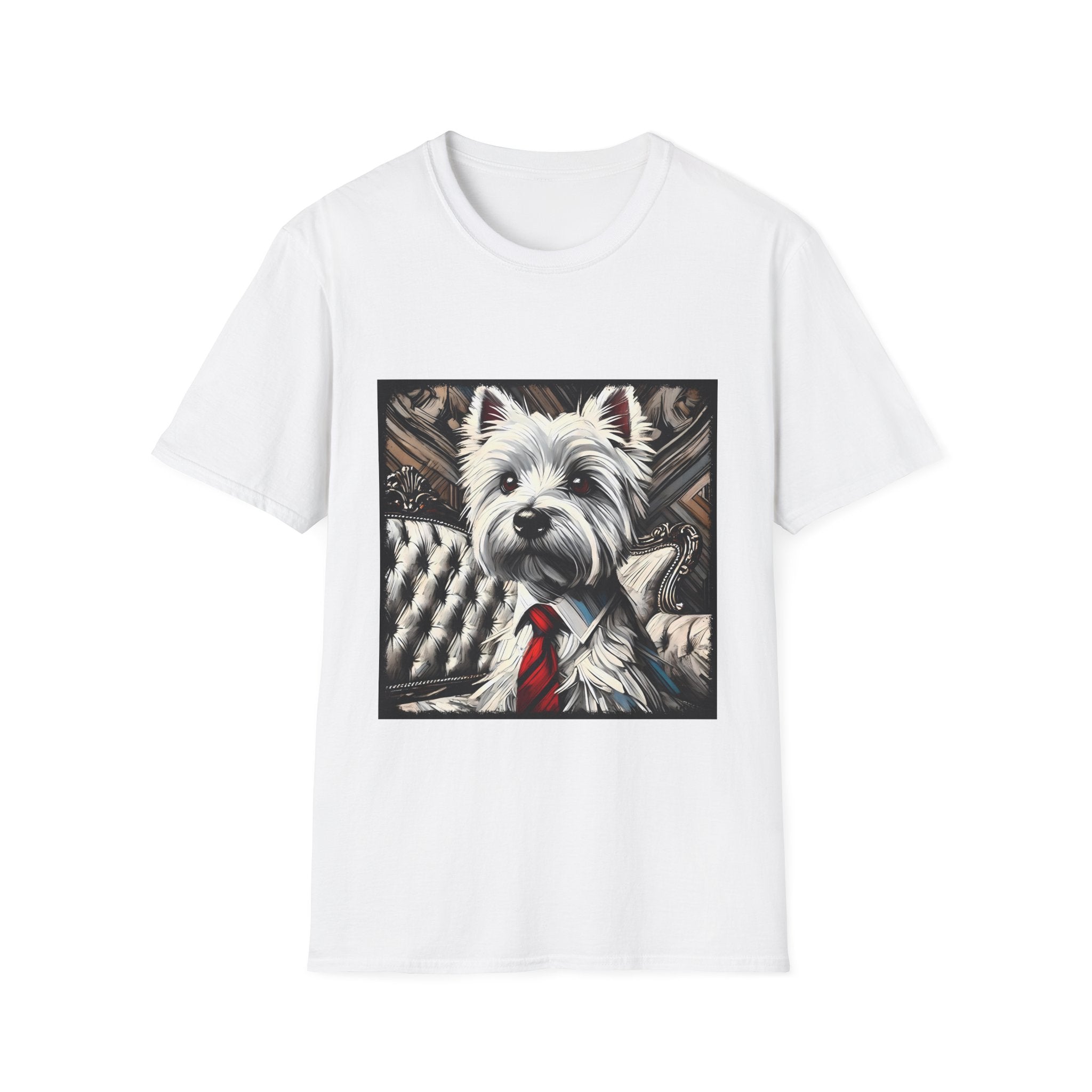 White dog t-shirt featuring a Westie in a red tie seated on a tufted chair in a wood-accent room.
