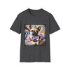 Charcoal gray dog t-shirt featuring French Bulldog wearing tiara, purple tutu, and bow, seated on royal chair with pastel background.