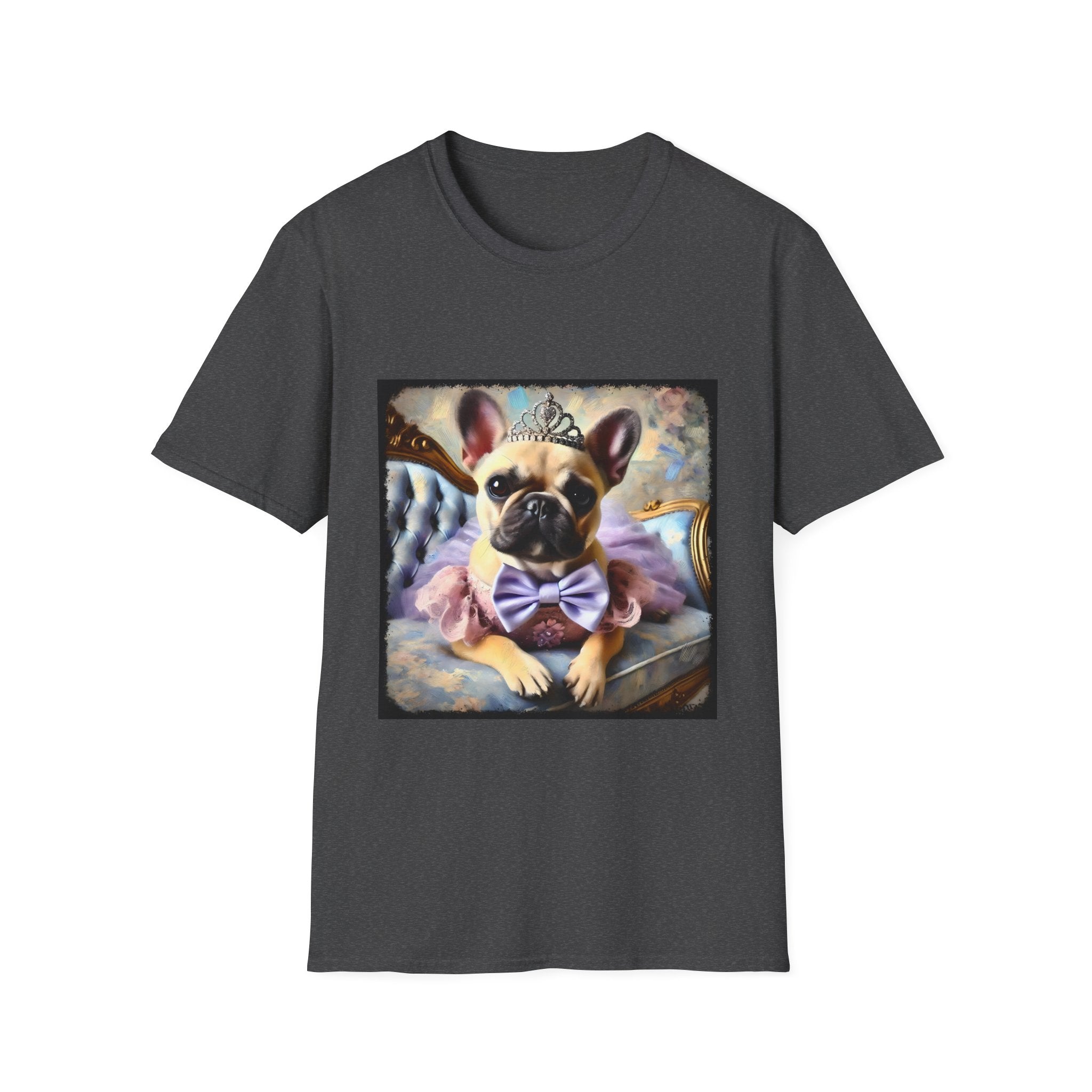 Charcoal gray dog t-shirt featuring French Bulldog wearing tiara, purple tutu, and bow, seated on royal chair with pastel background.